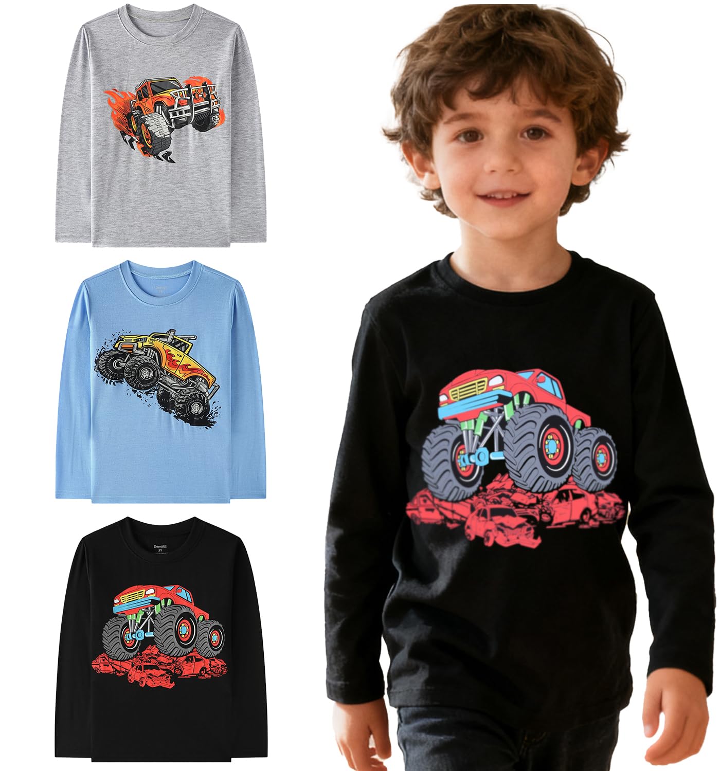 Demifill Toddler Boys 3 Pack Long Sleeve Truck T-Shirts Kid Boys Crew Neck T-Shirt Size 8Years