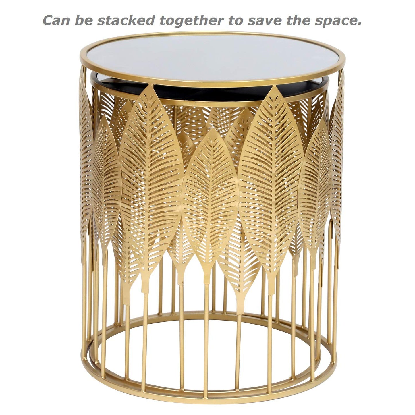 Joveco End Tables Set of 2- Gold Round Coffee Tables Leaves Nightstands Stools- Accent Nesting Side Tables for Living Room Bedroom and Entryway