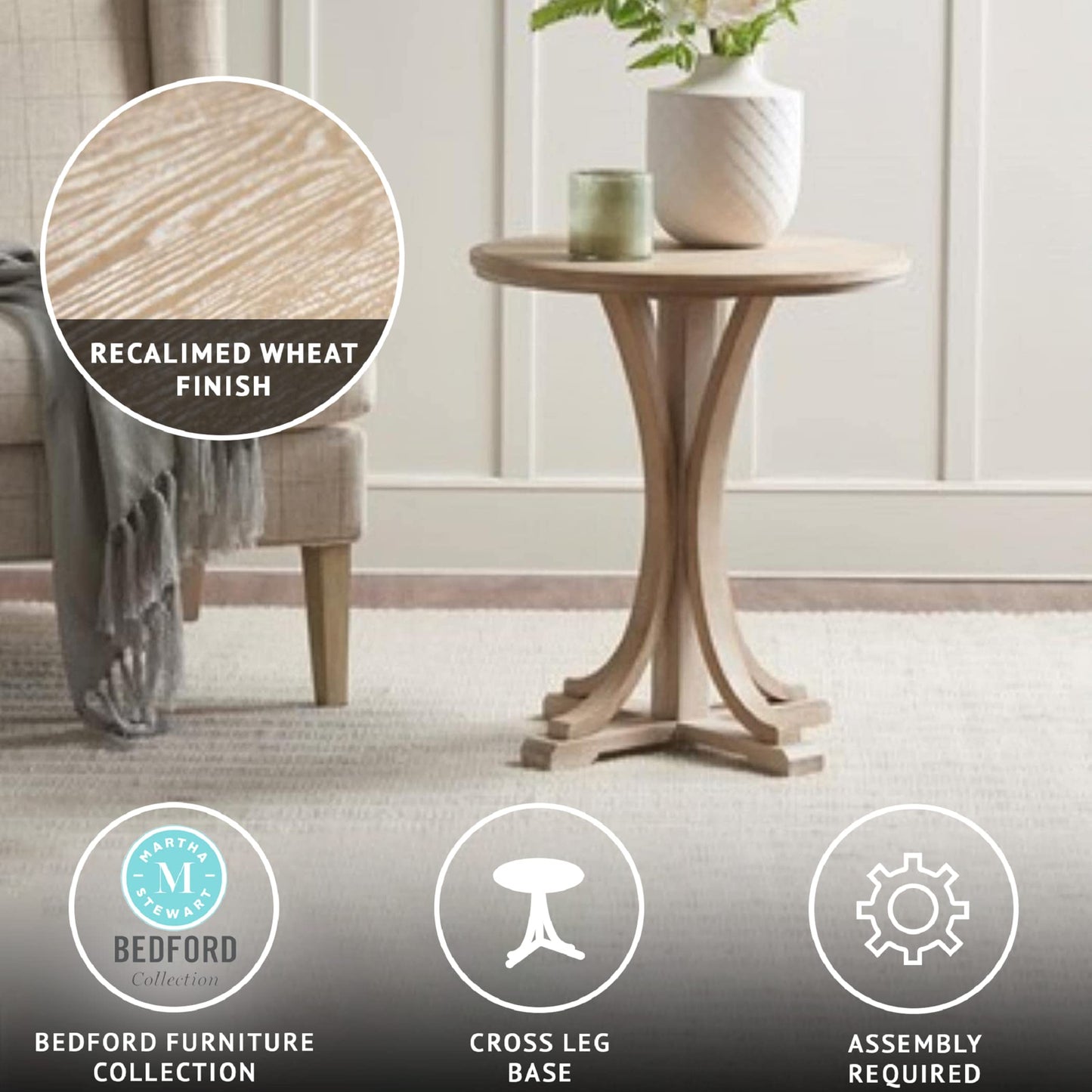 Martha Stewart Fatima Accent Tables Modern Mid-Century Rustic Pedestal Design, Round Tabletop Living Room Furniture Occasional Piece, Dia. 21" X 24", Wheat