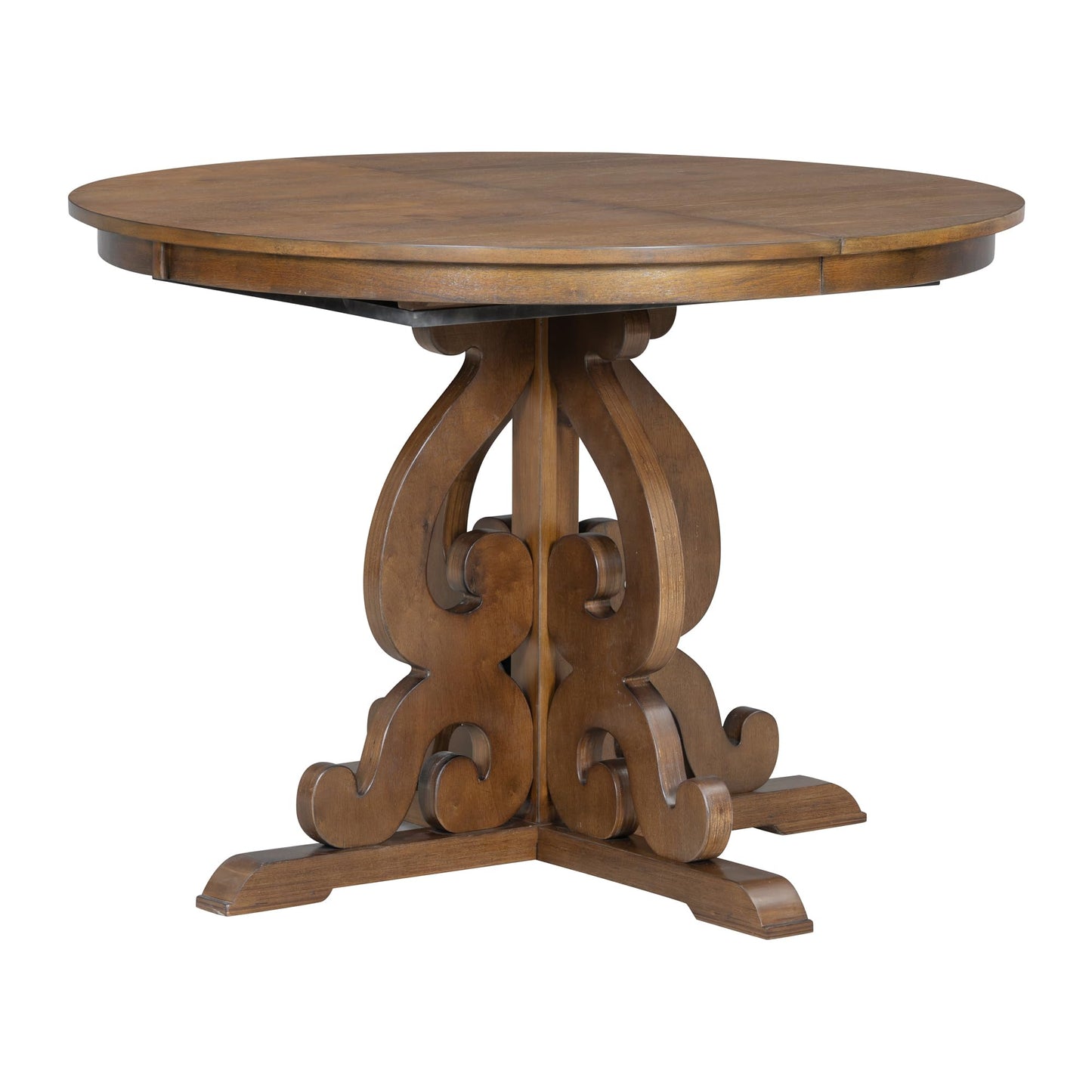 Merax Dining Table Set for 4, Extendable Round Tabletop with 16" Leaf & Upholstered Chairs, Retro Hollowed-Out Carving Design, 58" x 42", Walnut