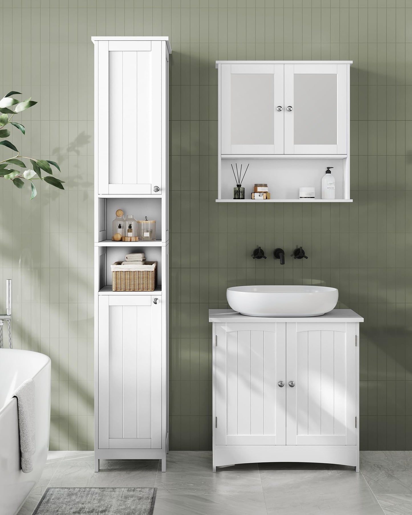 VASAGLE Tall Bathroom Cabinet with Lights, Slim Bathroom Storage Cabinet, Freestanding Narrow Cabinet with Adjustable Shelves, Open compartments, for Small Spaces, Modern, Cloud White UBBC566W02