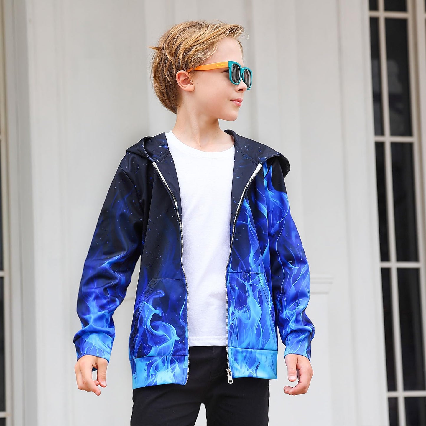 TUONROAD 6 7 8 Year Old Boys Blue Flame Hoodies Pullover Little Girls Fall Winter Lightweight Thin Coats for Kids Size 6 7 8 Cute 3D Fire Graphic Flaming Smoke Sweatsuits Zip up Hooded Clothes