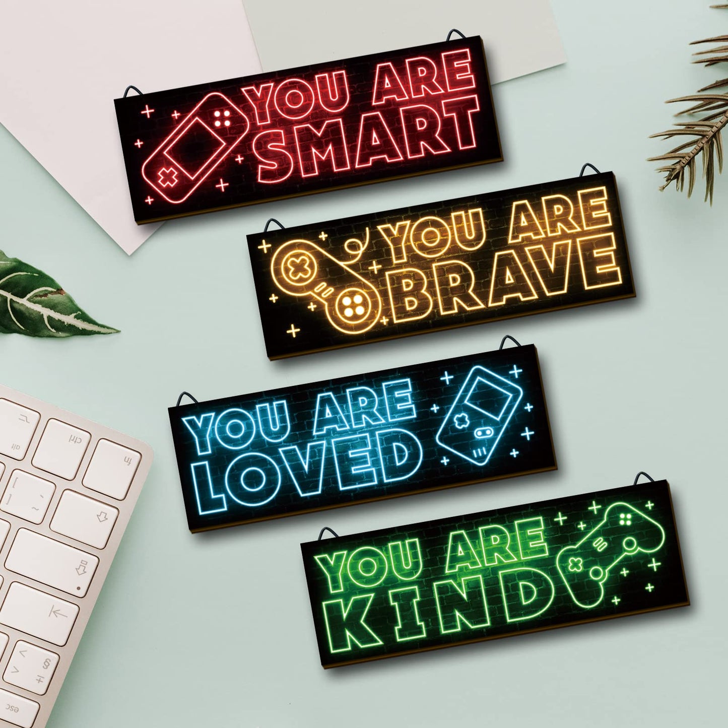YLOLUL 4 Pieces Neon Gaming Decor for Boys Room Wooden Video Game Wall Art Print 12 X 4 Inch Motivational Quote Gamer Hanging Plaques Wall Decor for Boys Kids Room Bedroom Playroom Decorations