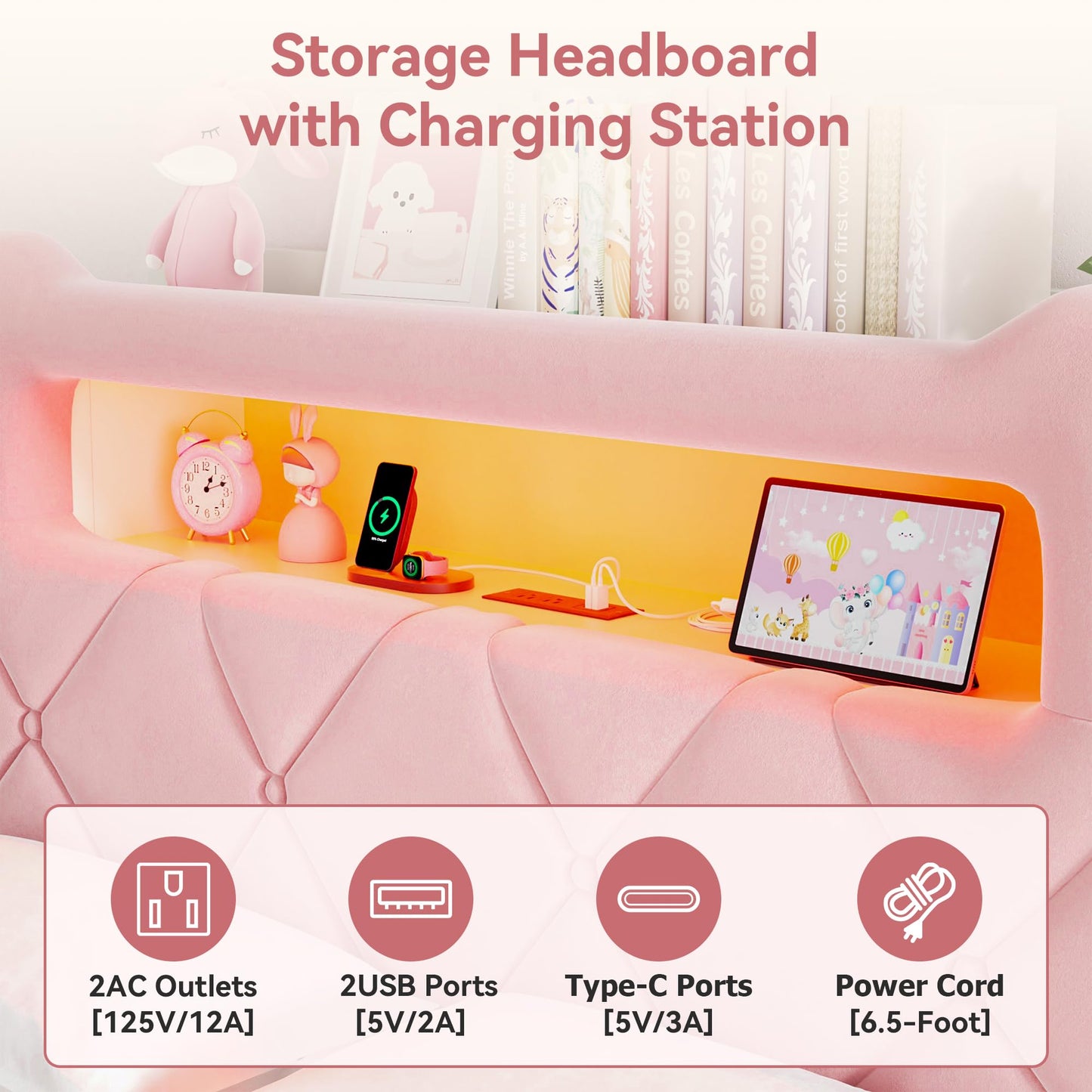 Full Upholstered LED Bed Frame with 2 Storage Drawers and 2-Tier Storage Headboard, Velvet Princess Platform Bed with Charging Station & Bookcase, Heavy Duty Metal Support, No Box Spring Needed, Pink