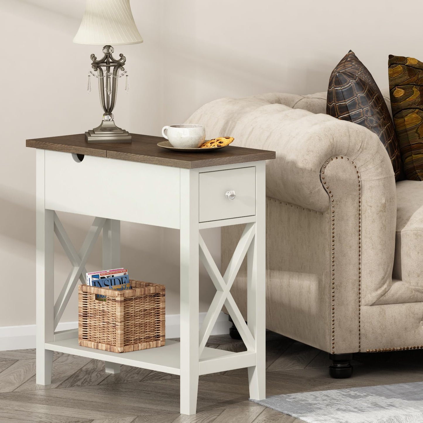 ChooChoo Farmhouse End Table with Drawer, Accent Small Side Table Nightstand for Living Room, Bedroom, and Small Spaces - Soft White