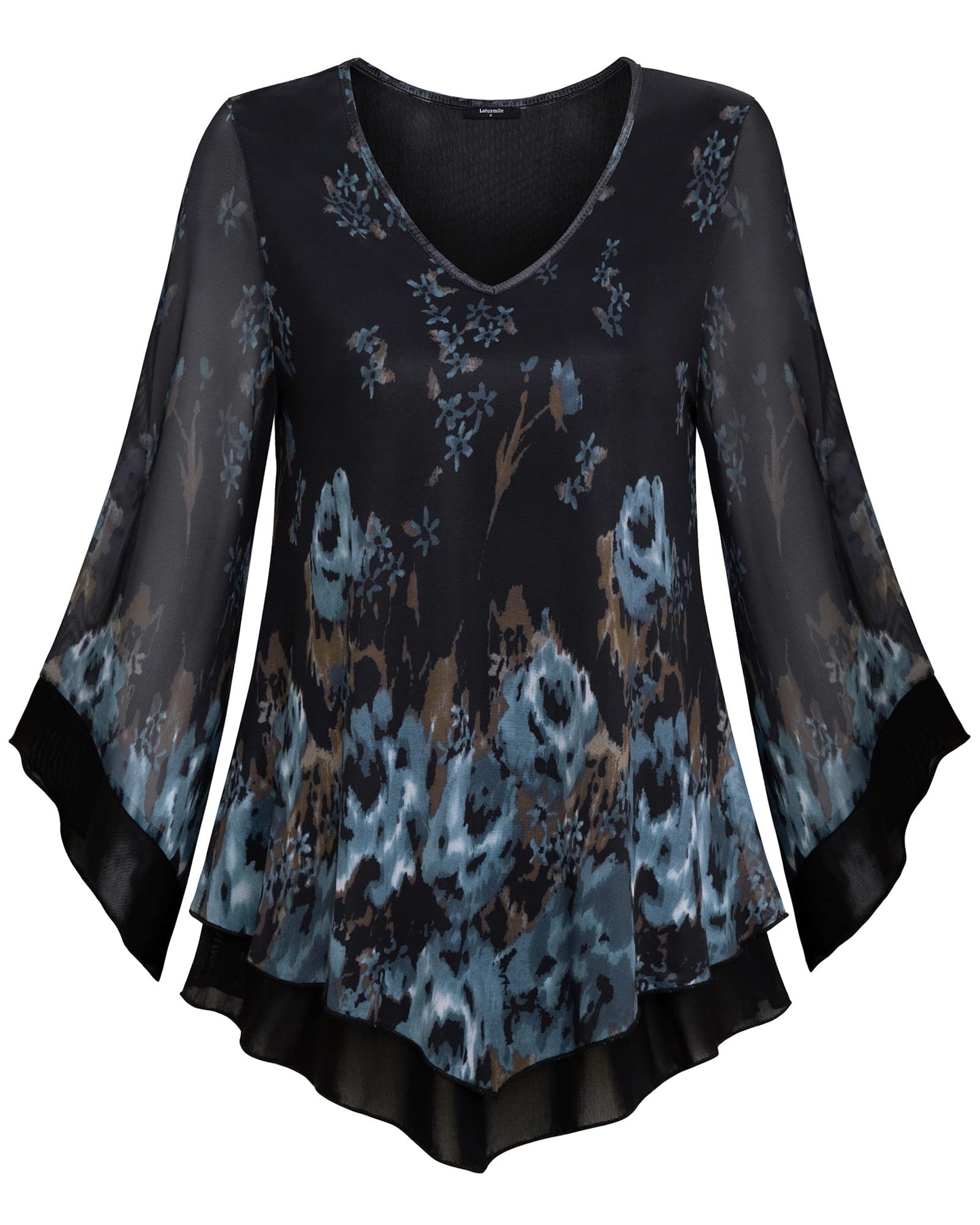 Dressy Tunic Tops for Women, Lotusmile Elegant Blouses for Women Evening Party Skin-Friendly Double Layers Ladies Dress Blouses for Work Overlay Tops Leggings Shirts for Women, Floral Blue Medium