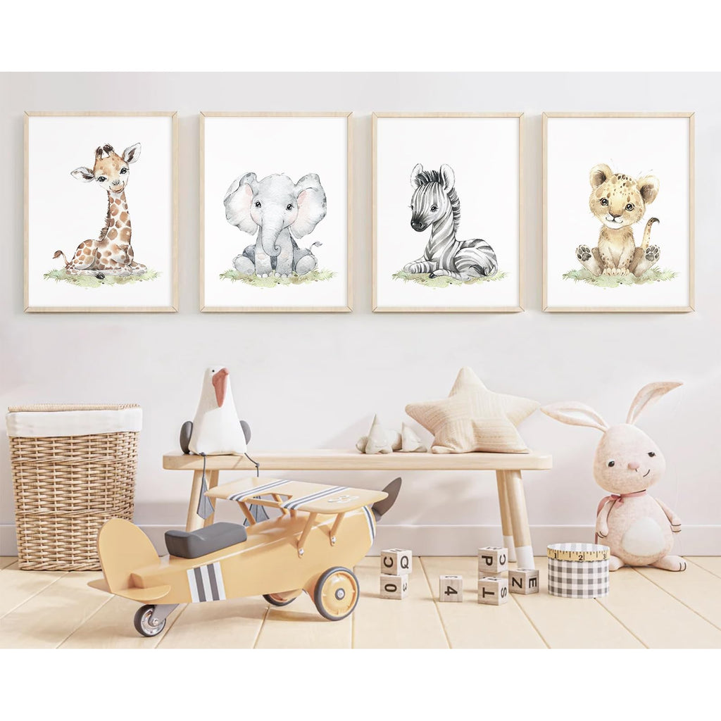 Safari Nursery Wall Art Decor Baby Animal Canvas Wall Art Woodland Nursery Wall Decor Kids Jungle Animal Pictures Safari Giraffe Elephant Tiger Prints for Room Bedroom Set of 4 12x16 Inch Unframed