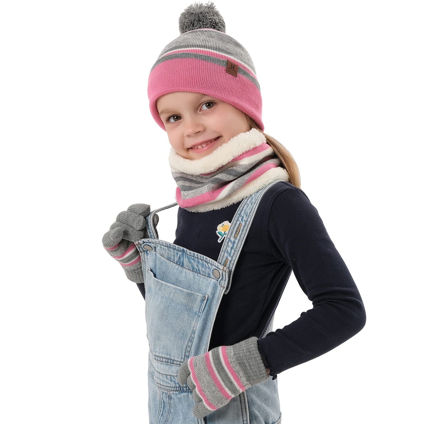 Kids Toddlers Winter Knit Warm Beanie Hat Scarf Gloves Set for Boys Girls Age 2-7, Pompom Cap Neck Warmer Gloves Fleece Lined