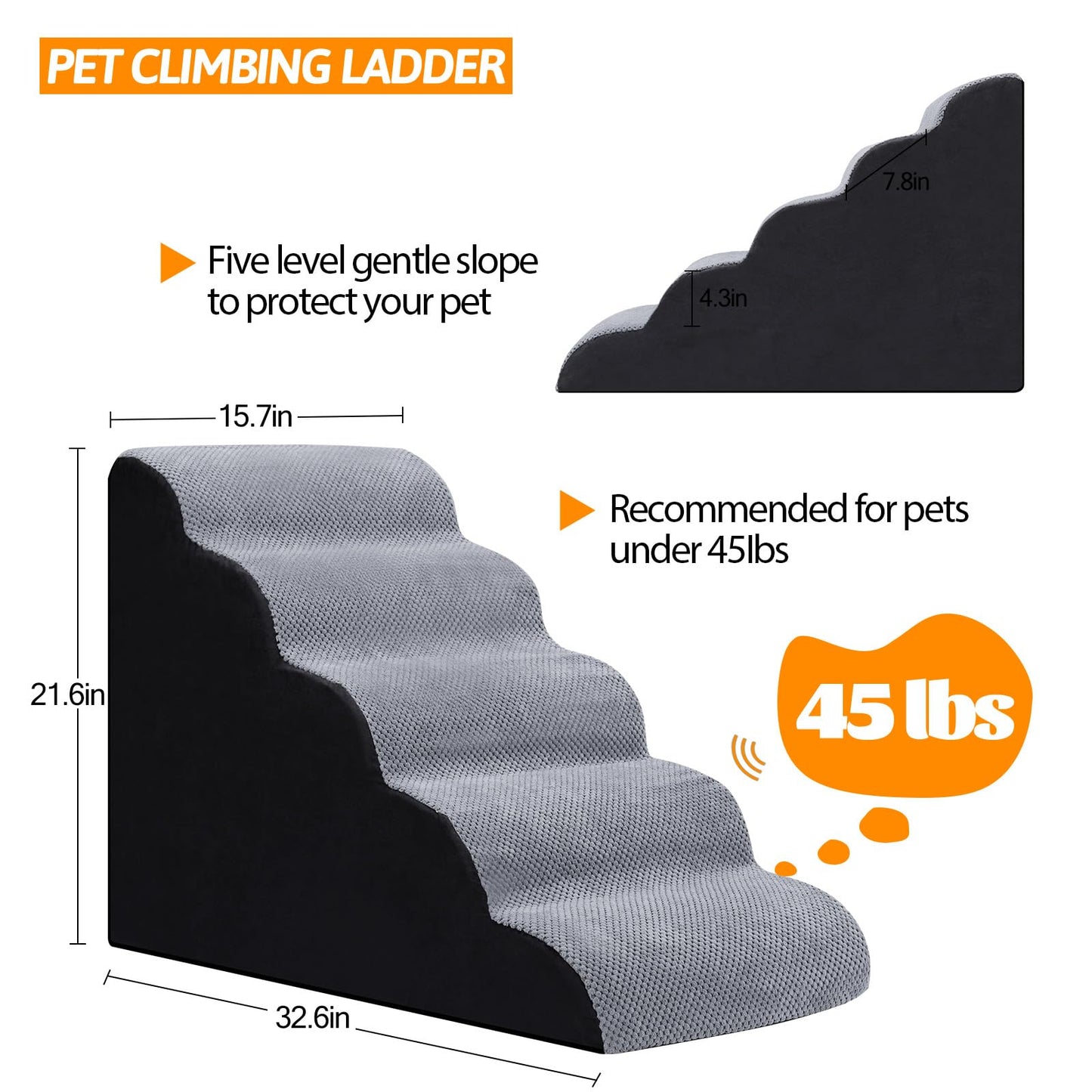 5 Steps Dog Ramp/Stairs for Beds and Couches,MOOACE Pet Stairs with High Density Expand Immediately Foam, Washable Cover and Pet Hair Remover Roller - Reduce Stress on Pet Joints Gray/Black