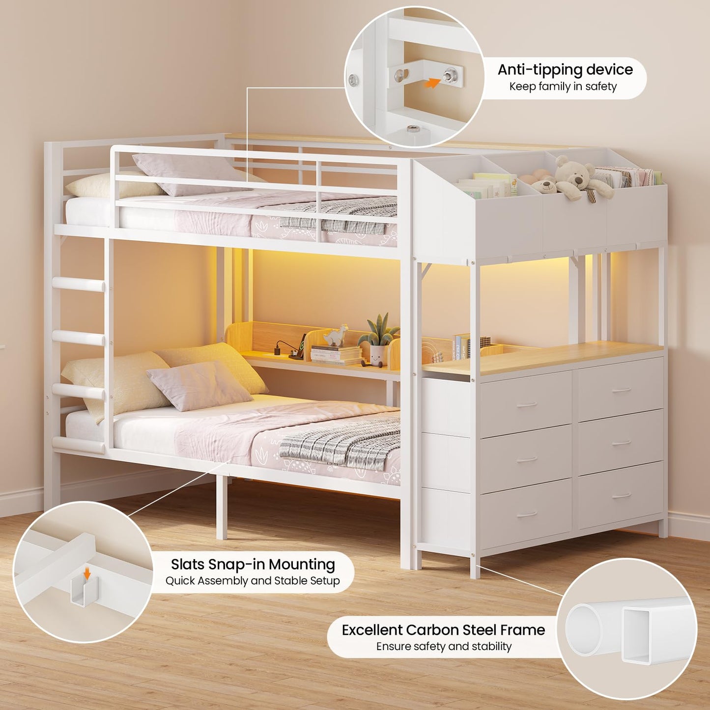 Twin Over Twin Bunk Bed with 6 Storage Drawers & 3 Boxes, Dual Side Shelves, Twin Bunk Beds for Kids with LED Lights and Charging Station, Heavy Duty Metal Bunk Bed with Safety Guardrail and Ladder