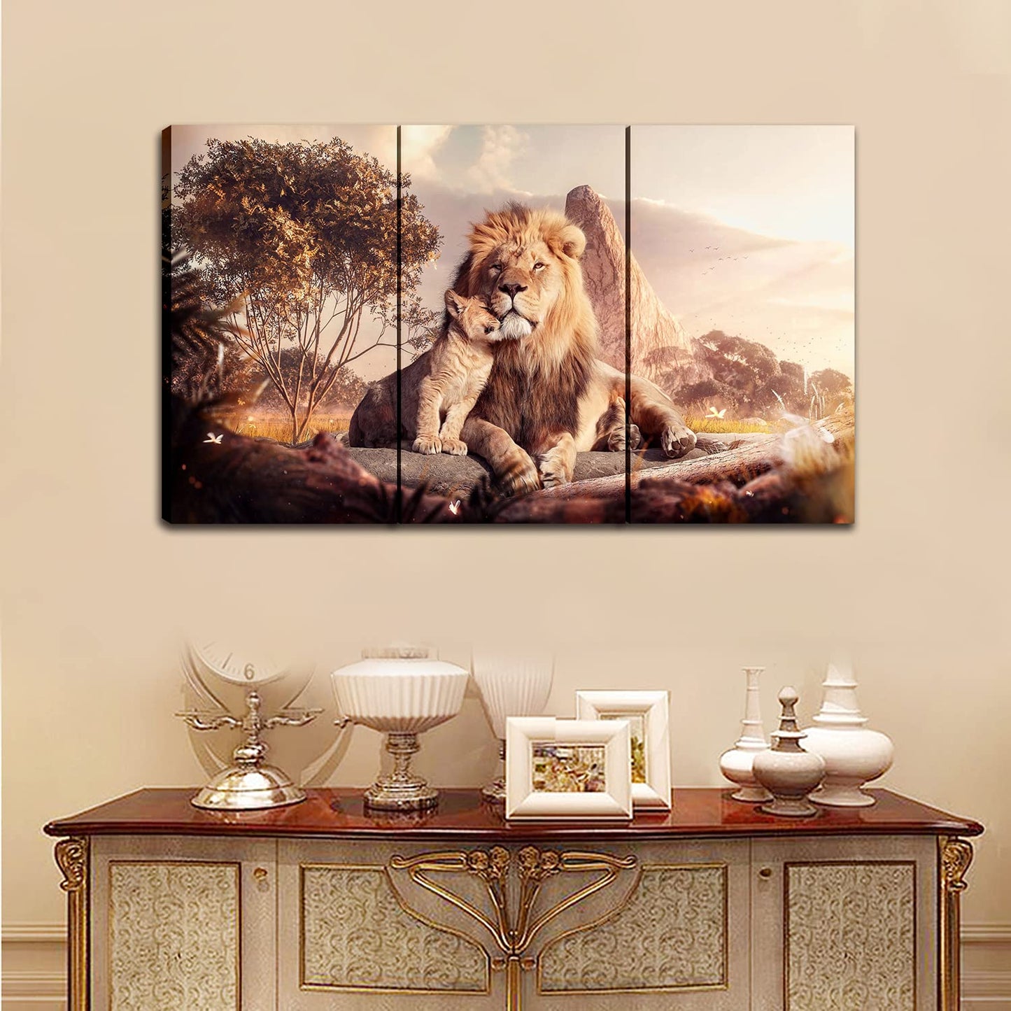 Animal Lion Large Size Framed Canvas Prints Wall Art for Living Room Bedroom Home Decor Modern Abstract Family Paternal Love Theme Posters Painting Pictures for Walls Ready to Hang Father's Gift