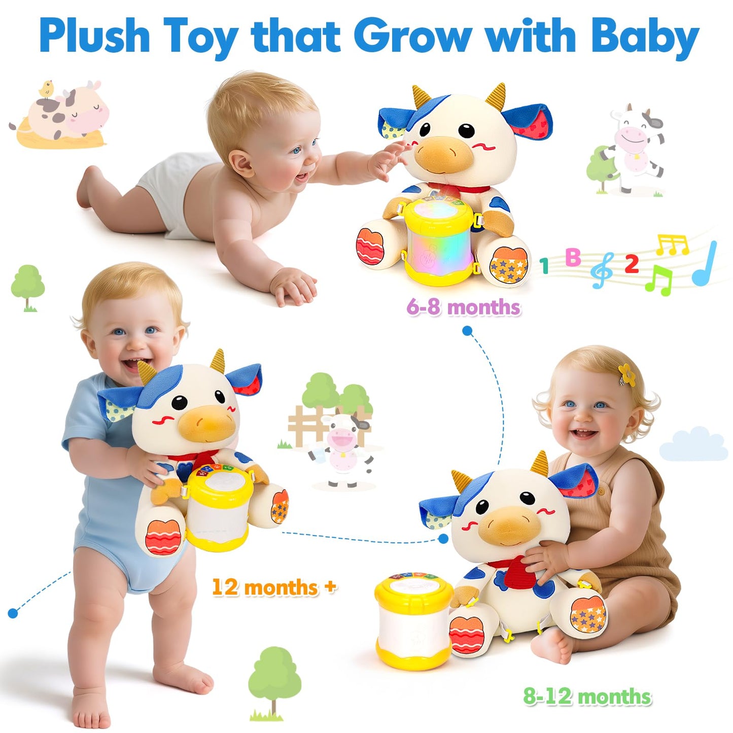 V-Opitos Stuffed Cow Musical Toys for Baby 6-12 Months+, Early Learning Light up Music Drum, Perfect Christmas Birthday Gifts for Boy & Girl Age 1, 2 Years Old
