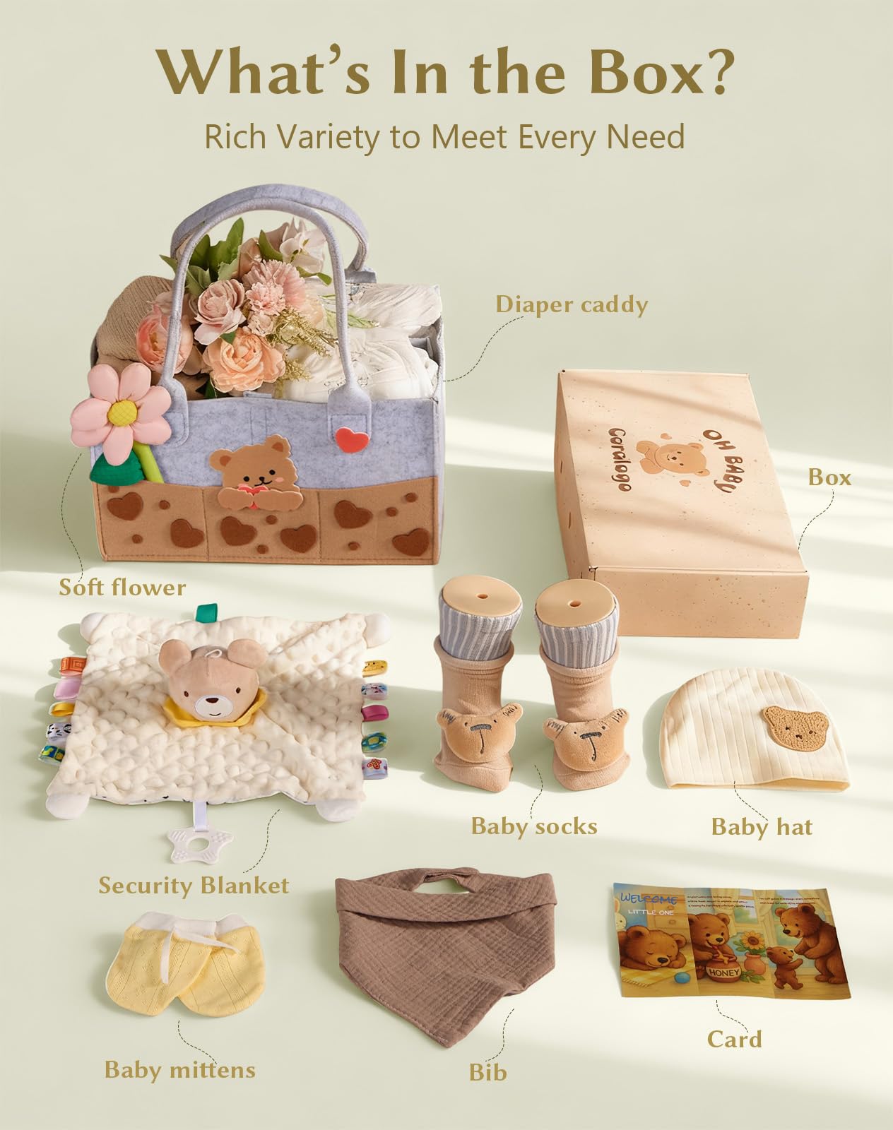 Coralogo Baby Shower Gift Basket - Baby Gift Set with Diaper Caddy, Gifts for New Mom, Gender Reveal Gifts, New Born Essential Include Security Blanket Hat Bib Socks Mittens, Boy & Girl