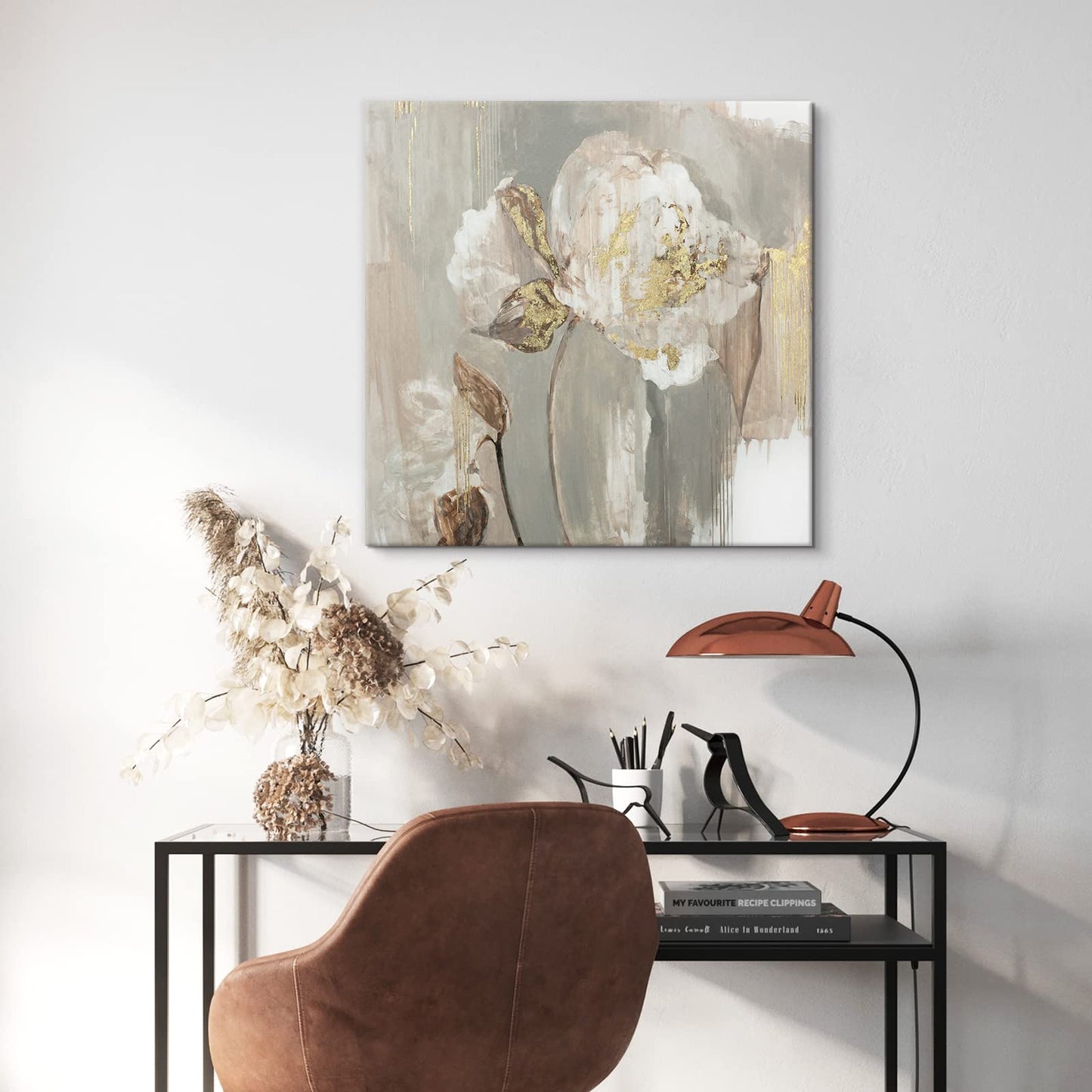 Goldfoilart Floral Wall Art Gold Pictures of White Flower Canvas with Gold Foil Embellishment Paintings Textured Poster Framed Artwork for Living Room Bedroom Office Decorations 24" x 24"