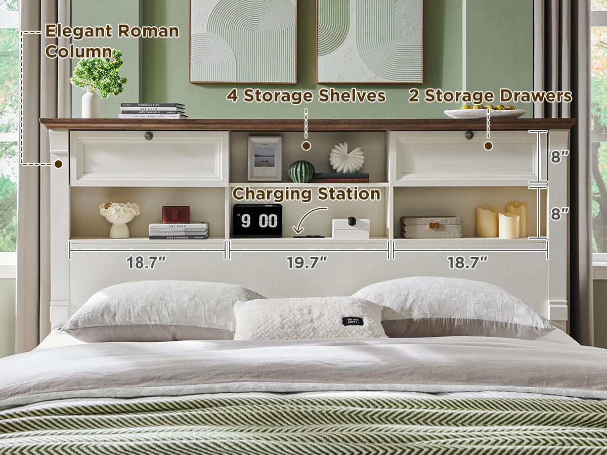 Farmhouse Queen Size Bed Frame with 54" Tall Storage Bookcase Headboard, Wood Platform Bed Frame with 2 Drawers & 18" Tall Roman Column Decoration Footboard, No Box Spring Needed(Antique White)