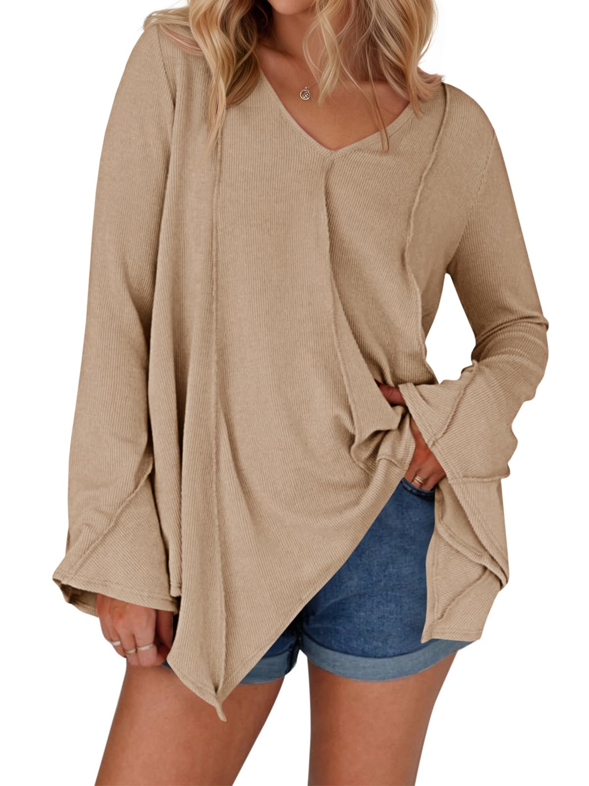 Tankaneo Womens Long Bell Sleeve Tops V Neck Asymmetrical Hem Ribbed Shirts Flowy Trendy Loose Fit Tees Tunic Shirts Khaki