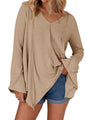Tankaneo Womens Long Bell Sleeve Tops V Neck Asymmetrical Hem Ribbed Shirts Flowy Trendy Loose Fit Tees Tunic Shirts Khaki