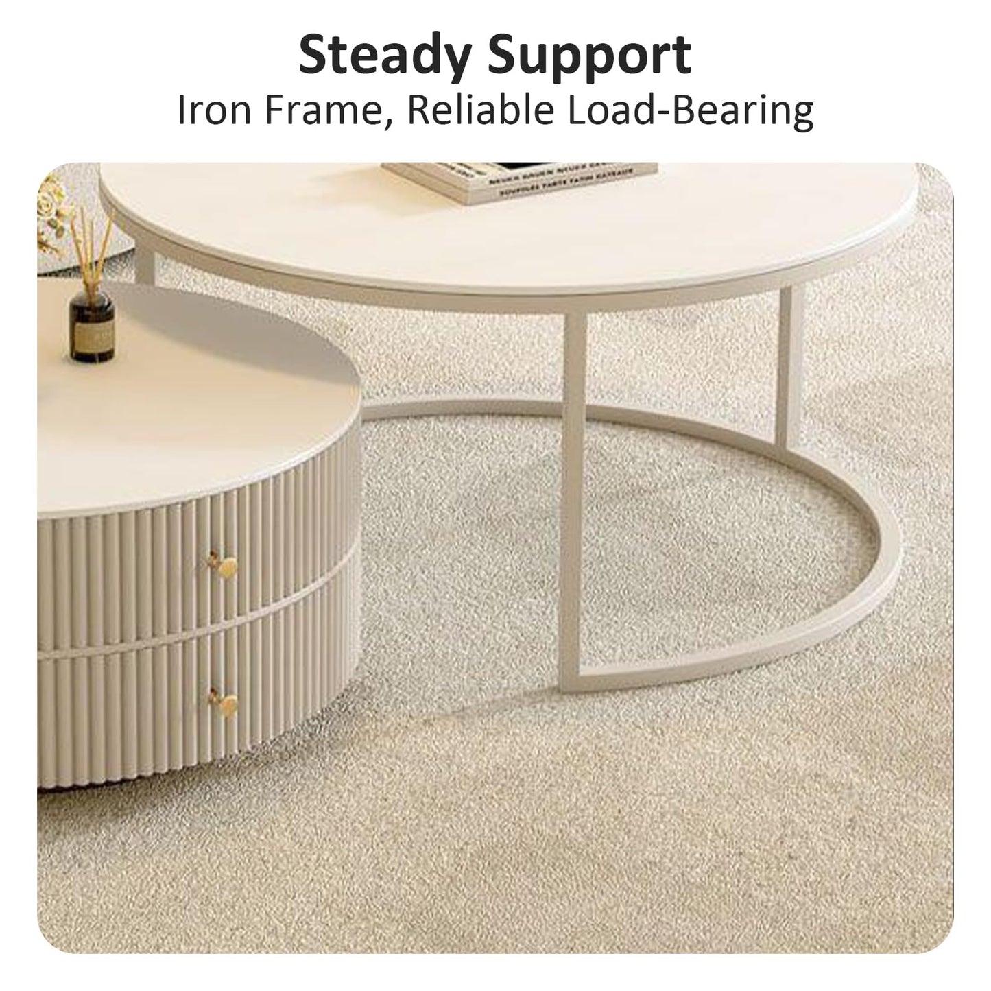 Kadaligh Nesting Coffee Table Set of 2 with Leather Stool - Ivory Wood Circle Embossed Design Coffee Table with 2 Drawers - Round Table with Baking Paint Frame