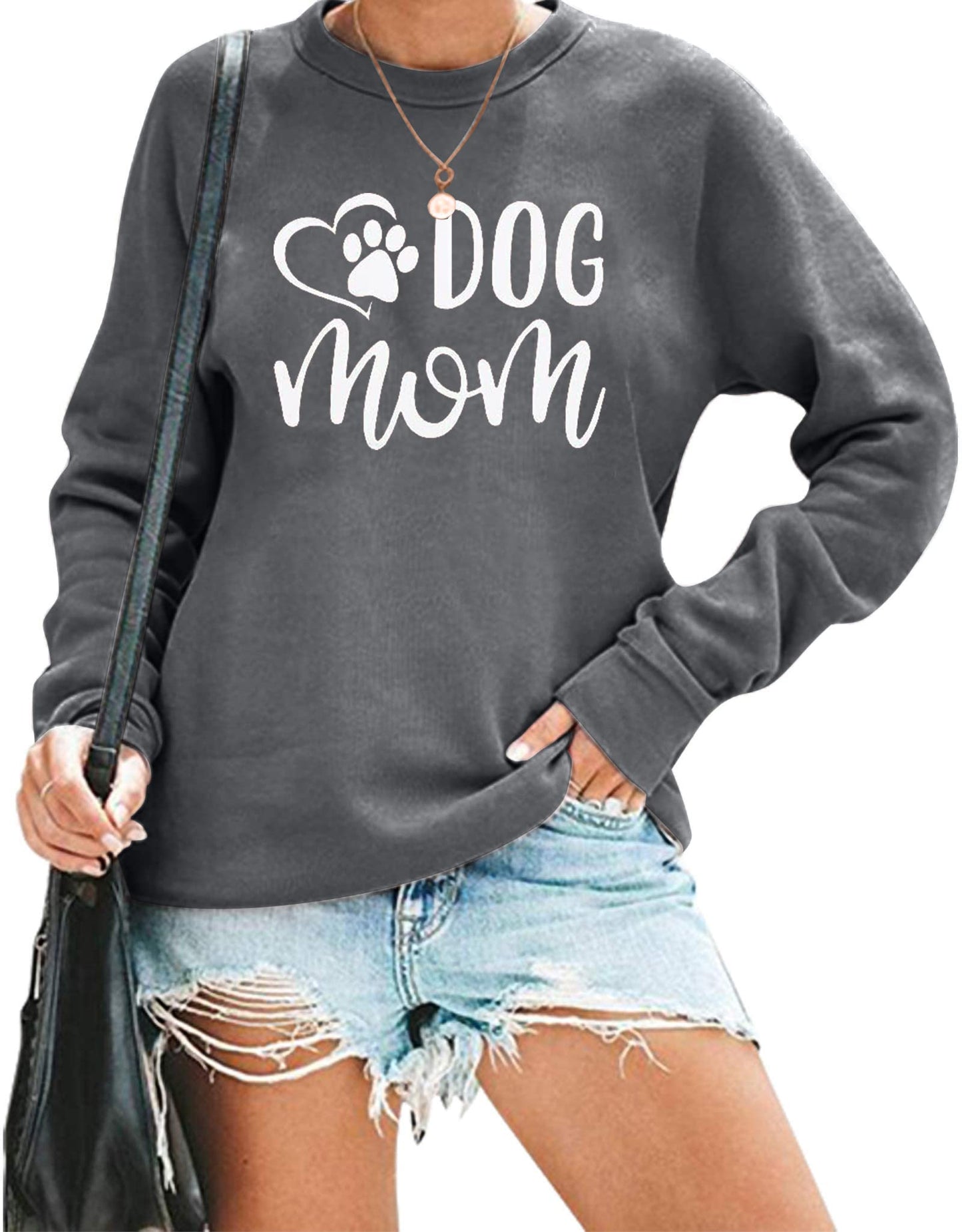 VILOVE Dog Mom Sweatshirt Women Dog Paw Print Cute Sweatshirt Funny Graphic Sweatshirts Long Sleeve Tees Tops Gray
