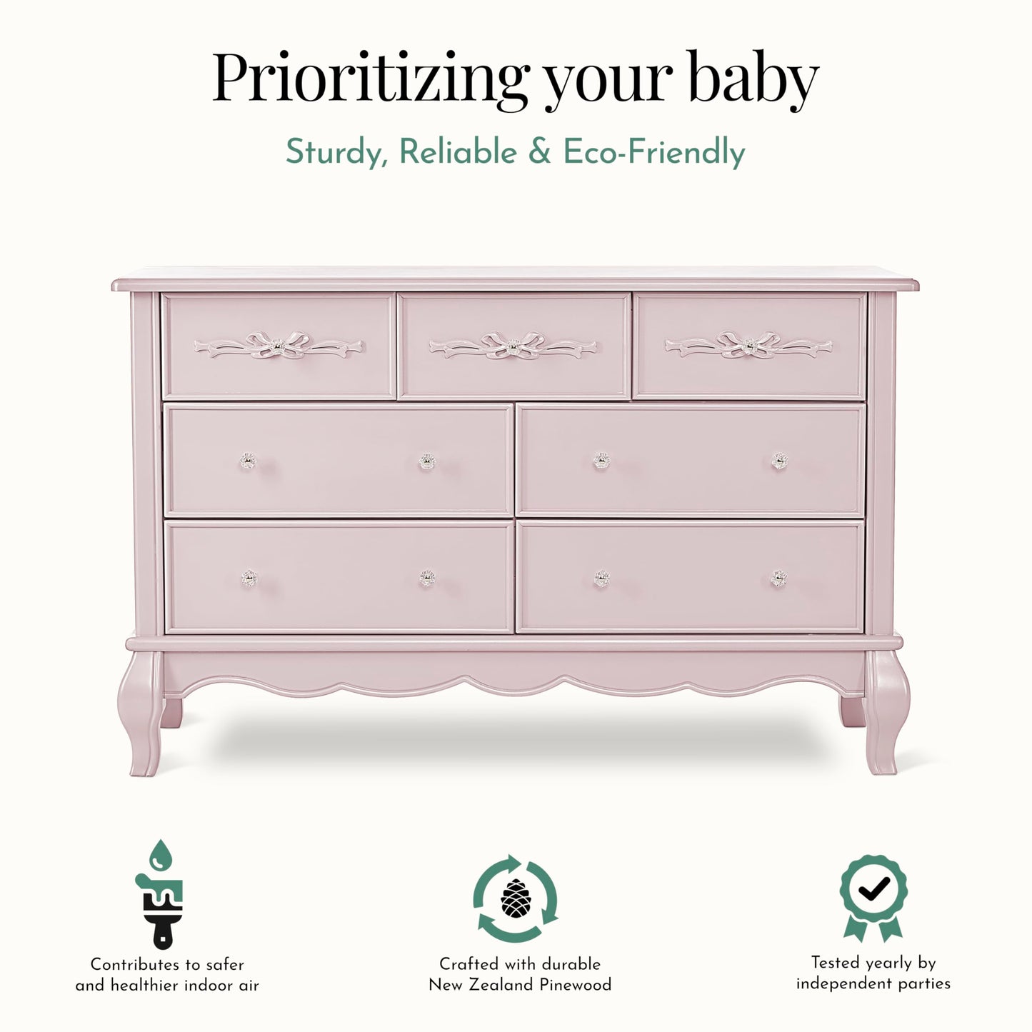 Evolur Aurora 7 Drawer Double Dresser, Dusty Rose