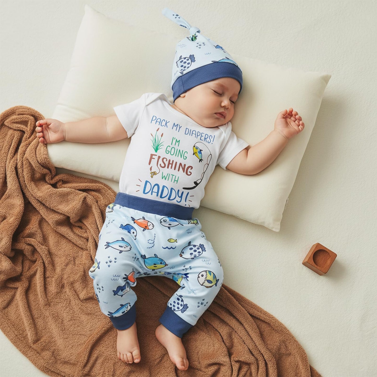 Bagilaanoe 3PCS Summer Outfit Newborn Baby Boy Clothes Fishing with Daddy Short sleeve Romper Pants Hat Set (Blue, 3-6 Months)