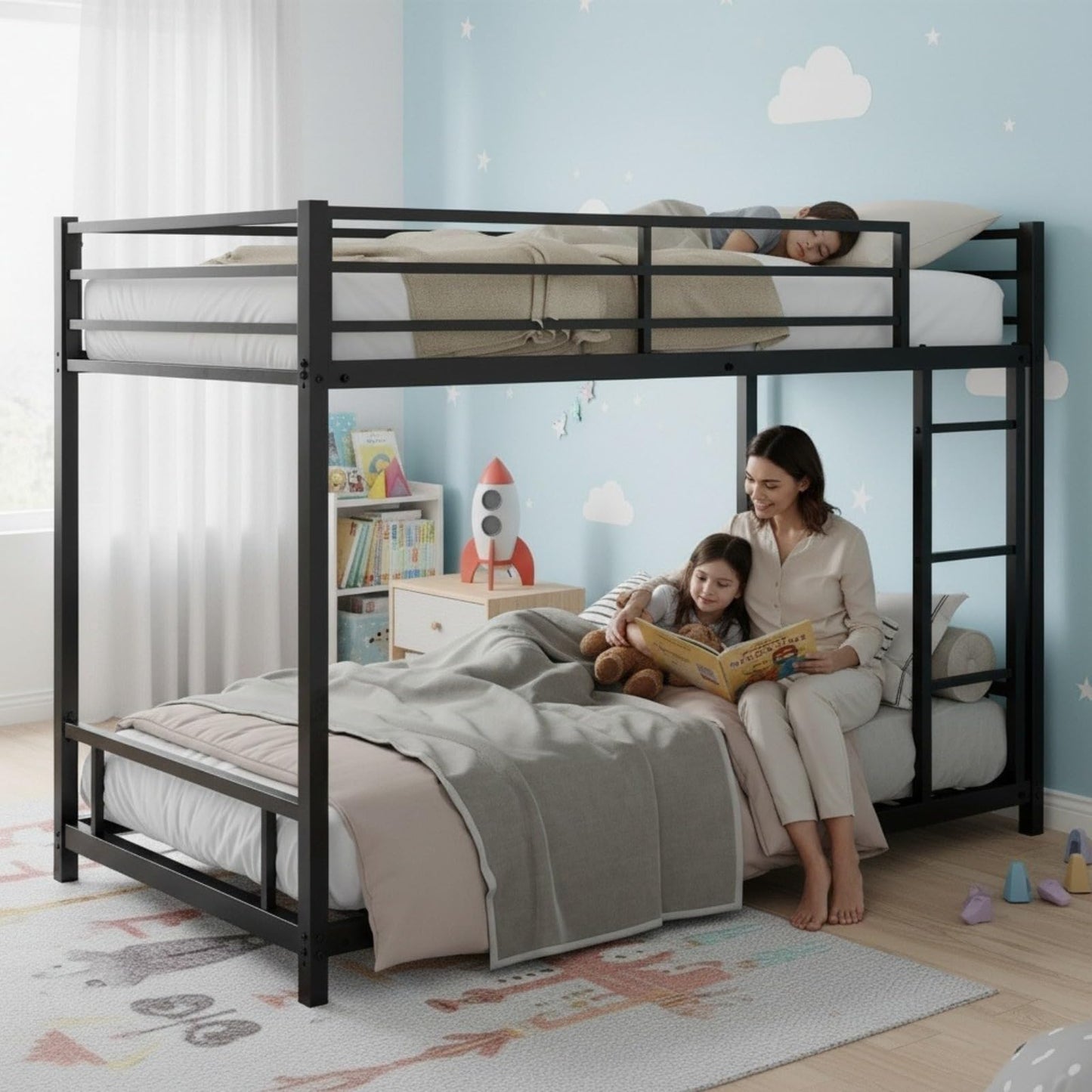 Havora Heavy-Duty Metal Twin Over Twin Bunk Bed Frame, Low 53.9” Quiet Steel Design for Kids & Teens, 400 lbs Each Bunk with 12.8” Full-Length Guardrails, Wide Ladder, No Box Spring Needed, Black