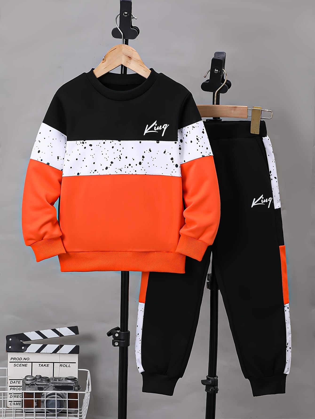 Fdqin 2 Pcs Kids Boys Hooded Shirt Tops Pants Set Hoodie Sweatsuit for Fall Winter Spring Outfits Orange 9-10 Years