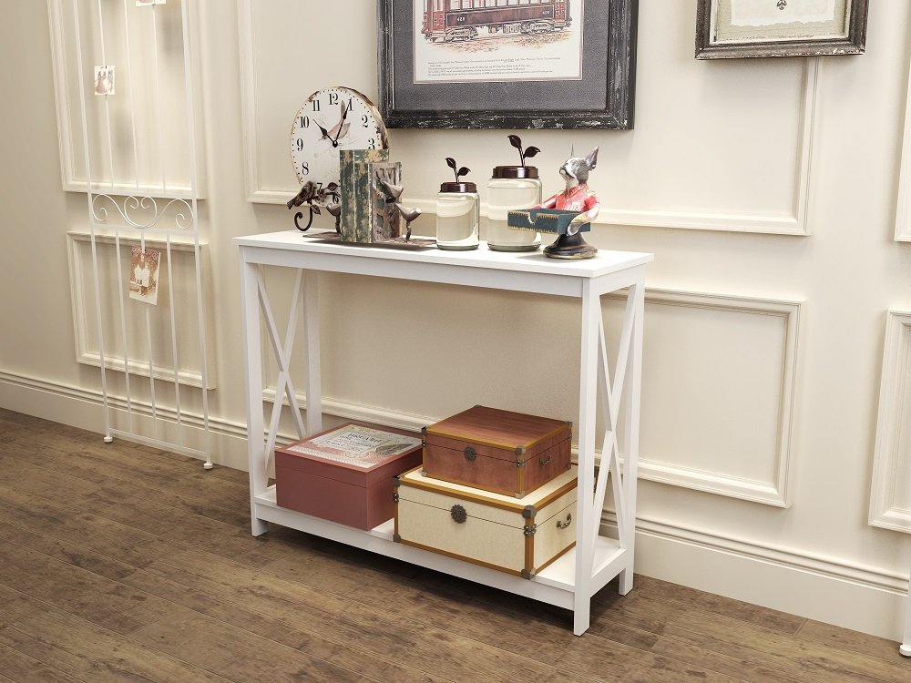 eHomeProducts White Finish 3-Tier X-Design Occasional Console Sofa Table Bookshelf