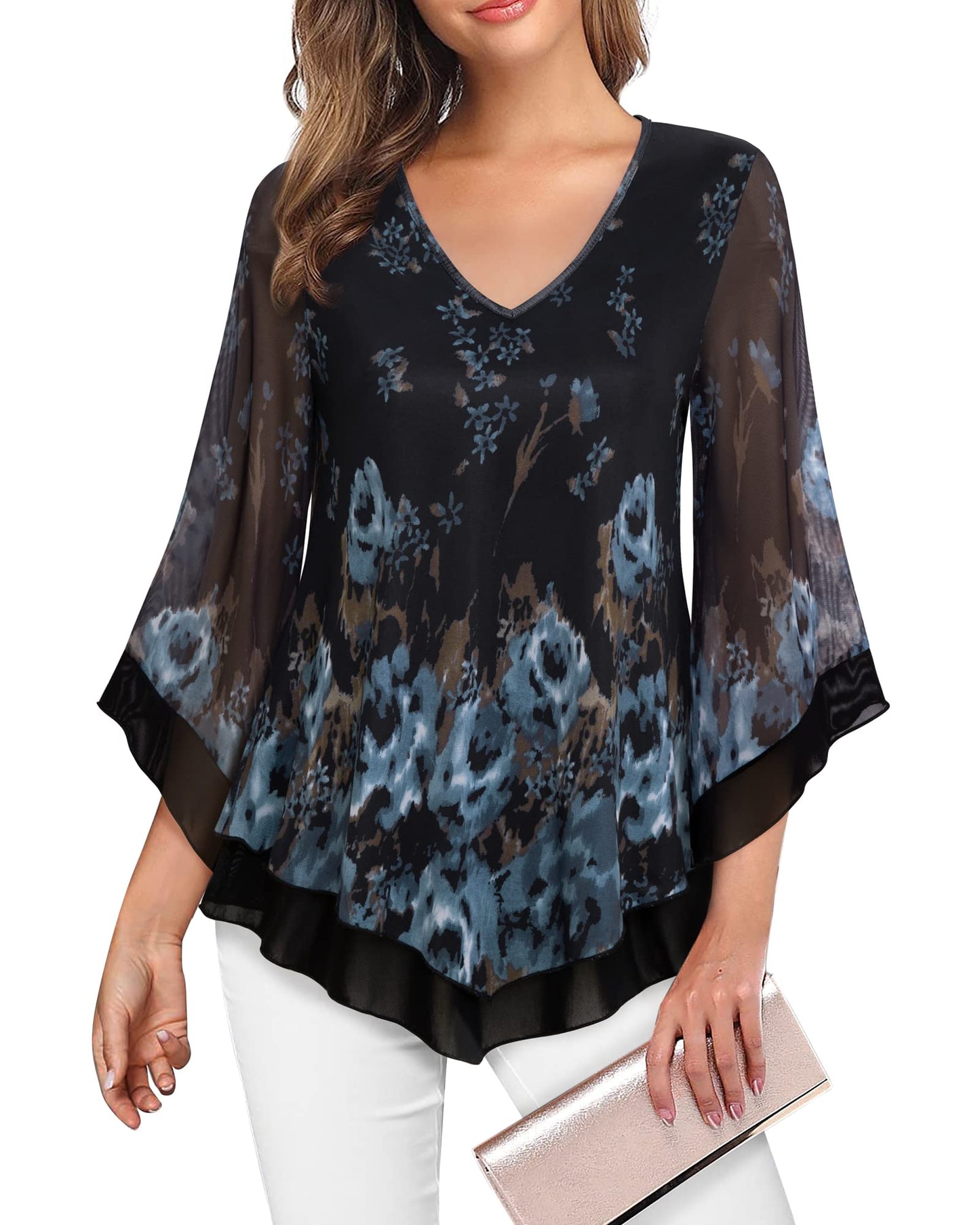Dressy Tunic Tops for Women, Lotusmile Elegant Blouses for Women Evening Party Skin-Friendly Double Layers Ladies Dress Blouses for Work Overlay Tops Leggings Shirts for Women, Floral Blue Medium