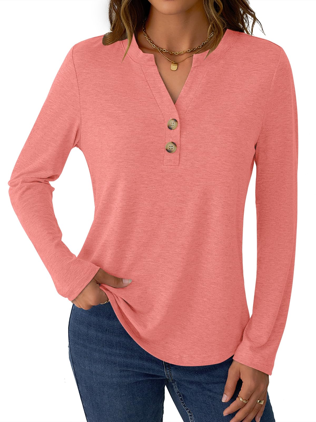 GKBK Womens Long Sleeve Tops Fall Clothing V Neck Casual Shirts Button Dressy Trendy Blouses Loose Fit Tunic Coral
