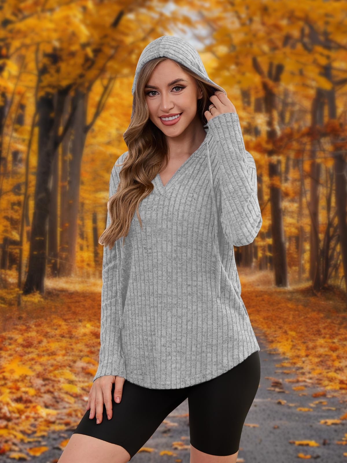 Womens Tops Early Fall Fashion Must Haves 2025 Long Sleeve Shirts Christmas Sweaters for Women Comfiest Airport Outfits Casual V Neck Hoodies Moms Trendy Winter Sweatshirts Clothing Light Gray L