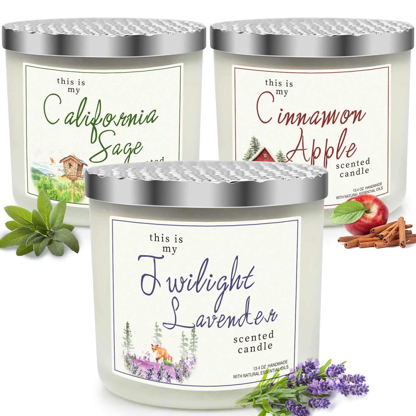 Candles for Home Scented, 3 Pack 3 Wick Large Jar Soy Candle, Bath and Body Works Candles，40.2 oz 300 Hour Long Lasting Candles,Lavender & Sage & Apple Cinnamon Aromatherapy Candle Gift Set