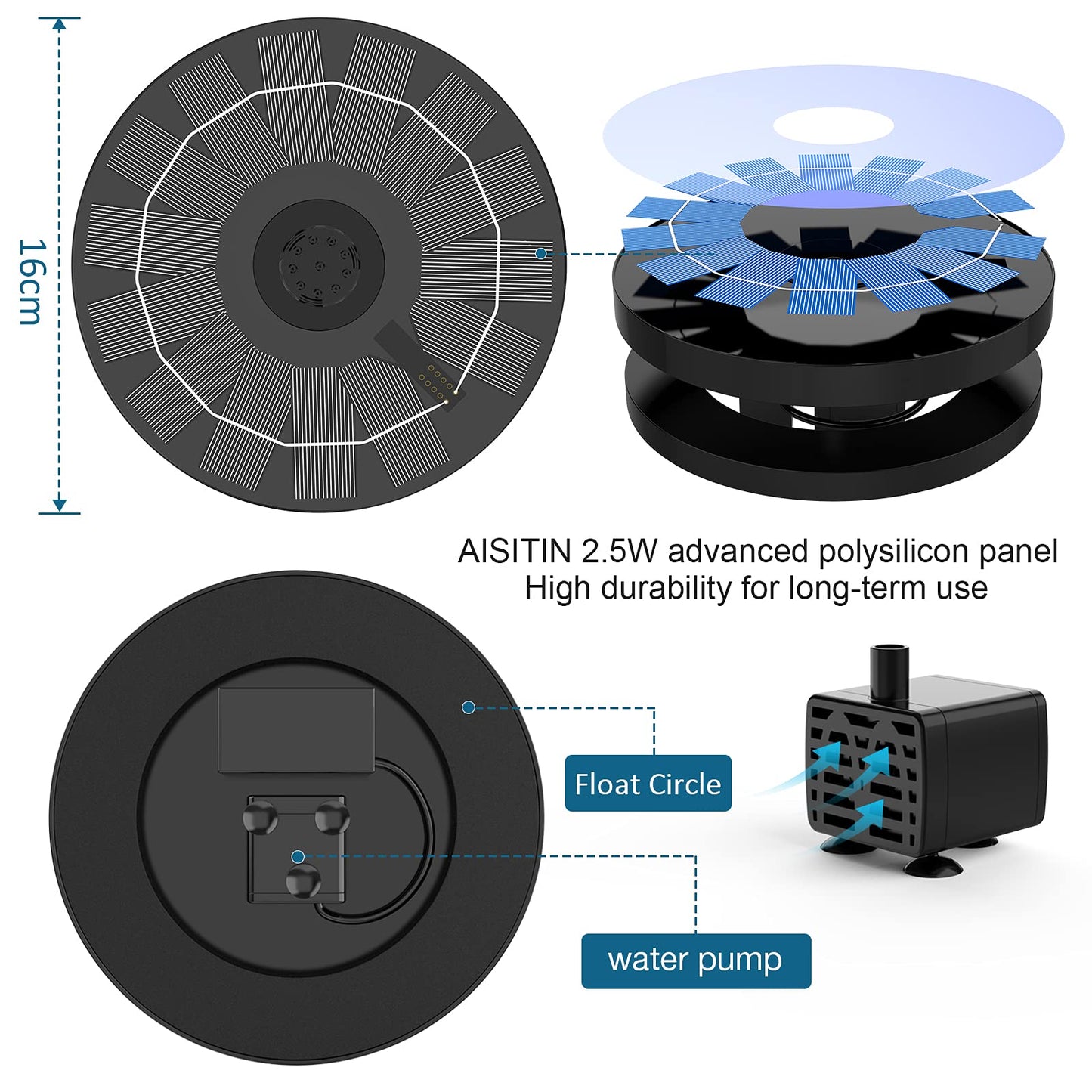 AISITIN 2.5W Solar Bird Bath Fountain Pump, Solar Fountain Pump for Bird Bath with 6 Nozzles, 6.7" Solar Powered Water Fountain Pump for Garden, Ponds, Pool, Fish Tank, Aquarium and Outdoor