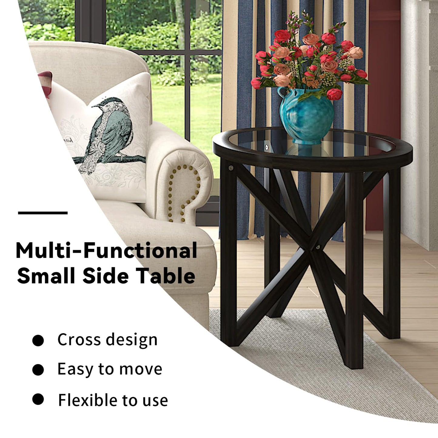 LKTART 3 Pcs Coffee Table Set Oval 46'' Tempered Glass Top Solid Wood Legs Coffee Table Round 2 End Table for Living Room Office (Black)