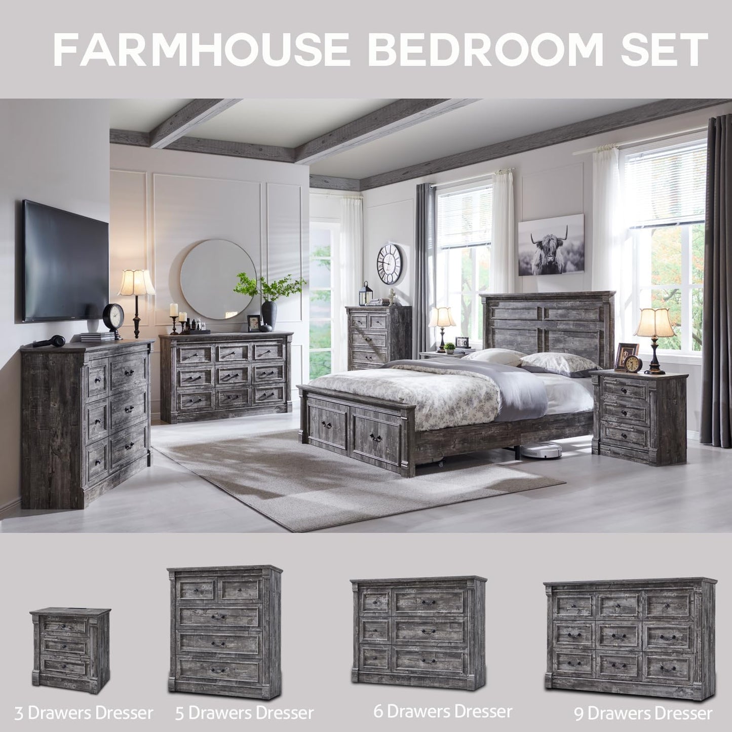 Aitjunz Farmhouse 6 Drawers Dresser for Bedroom, 48" Wide Large Dressers & Chests of Drawers w/Roman Column, Storage Dressers Organizer for Bedroom, Hallway, Living Room, Light Grey
