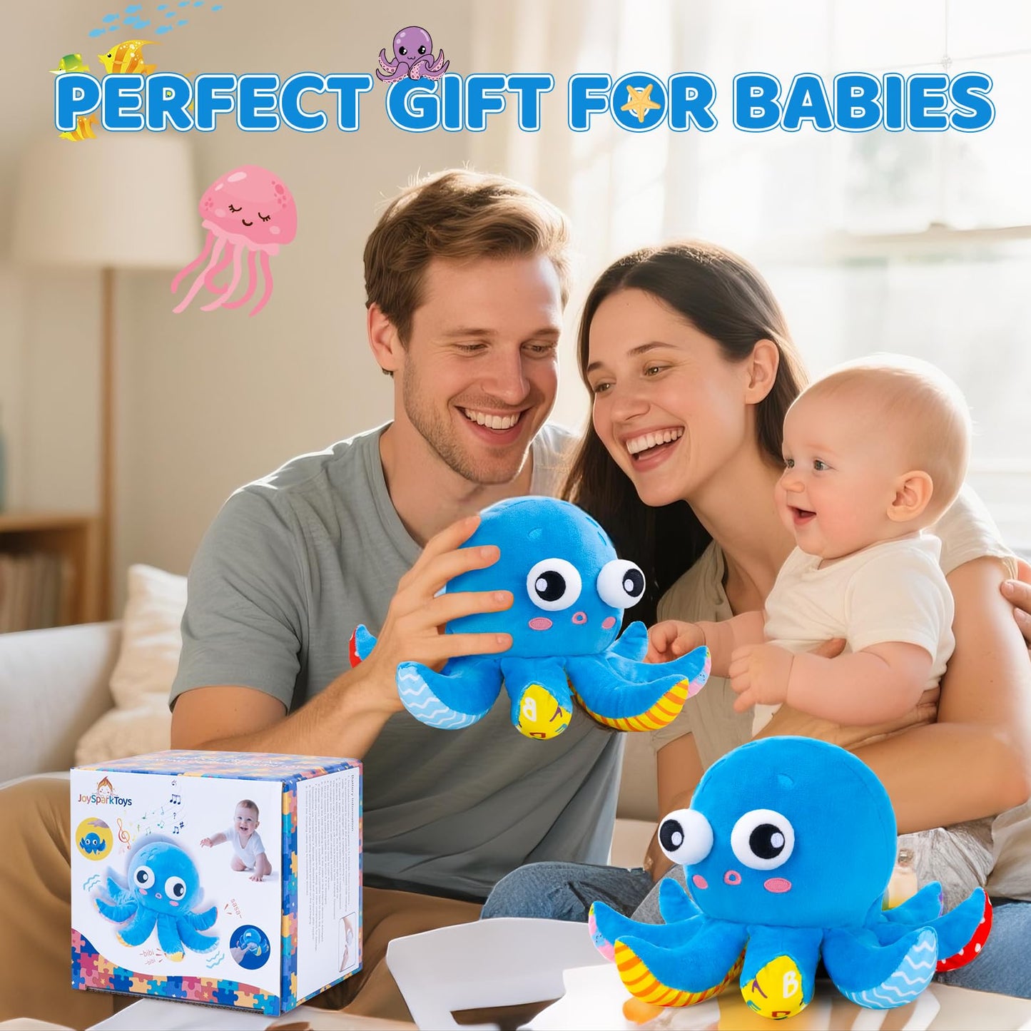 Baby Toys 6-12 Months, Musical Crawling Bouncing Octopus Plush Toys 12-18 Months, 50 Songs & Recording Feature, Interactive Toddler Toys Age 1-2 Tummy Time Toys for 1 Year Old Infant