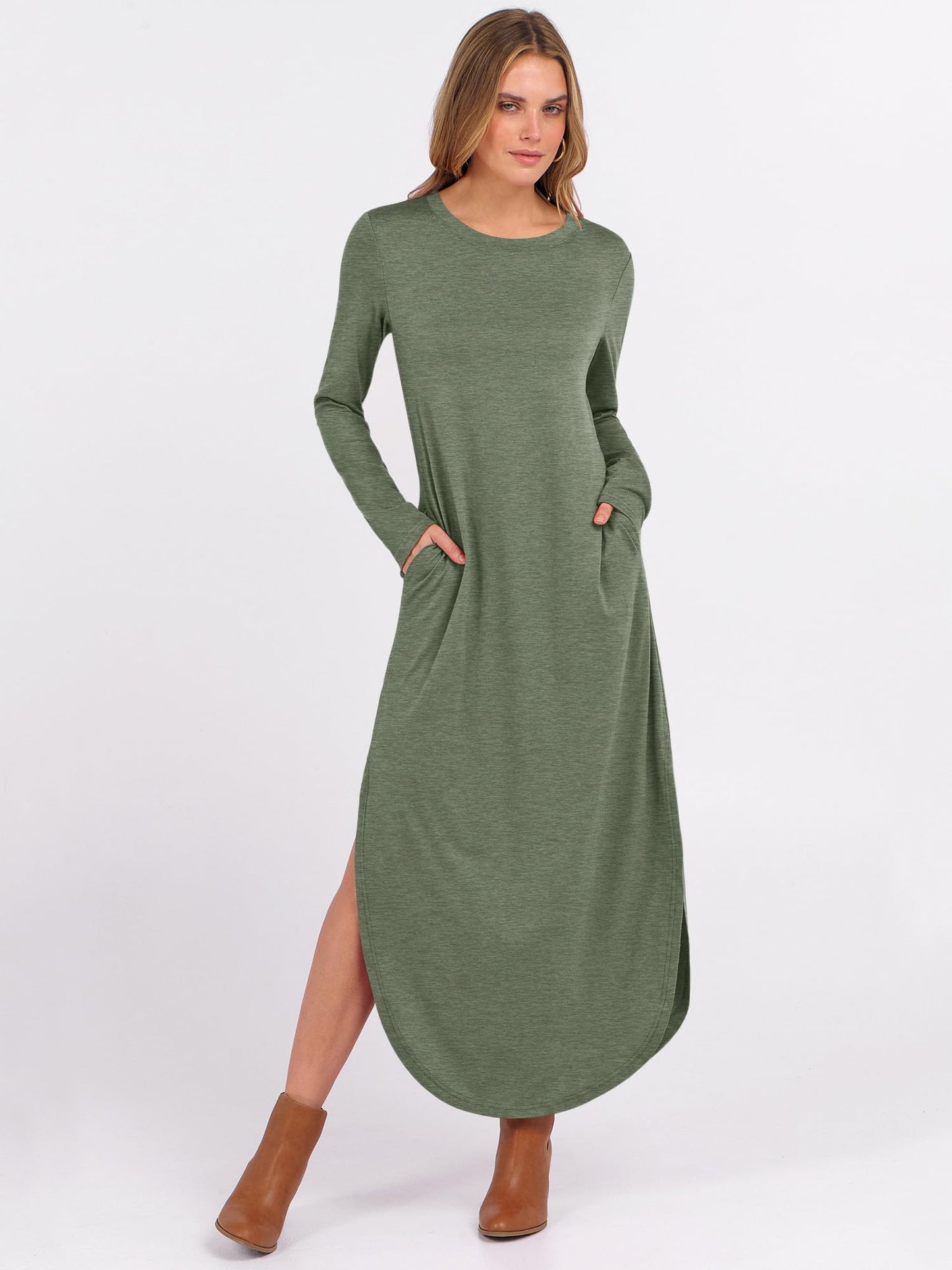 ANRABESS Women's Long Sleeve Maxi Dresses 2025 Fall Outfits Casual Loose Split Travel Vacation T Shirt Dress with Pockets Sage Green Large