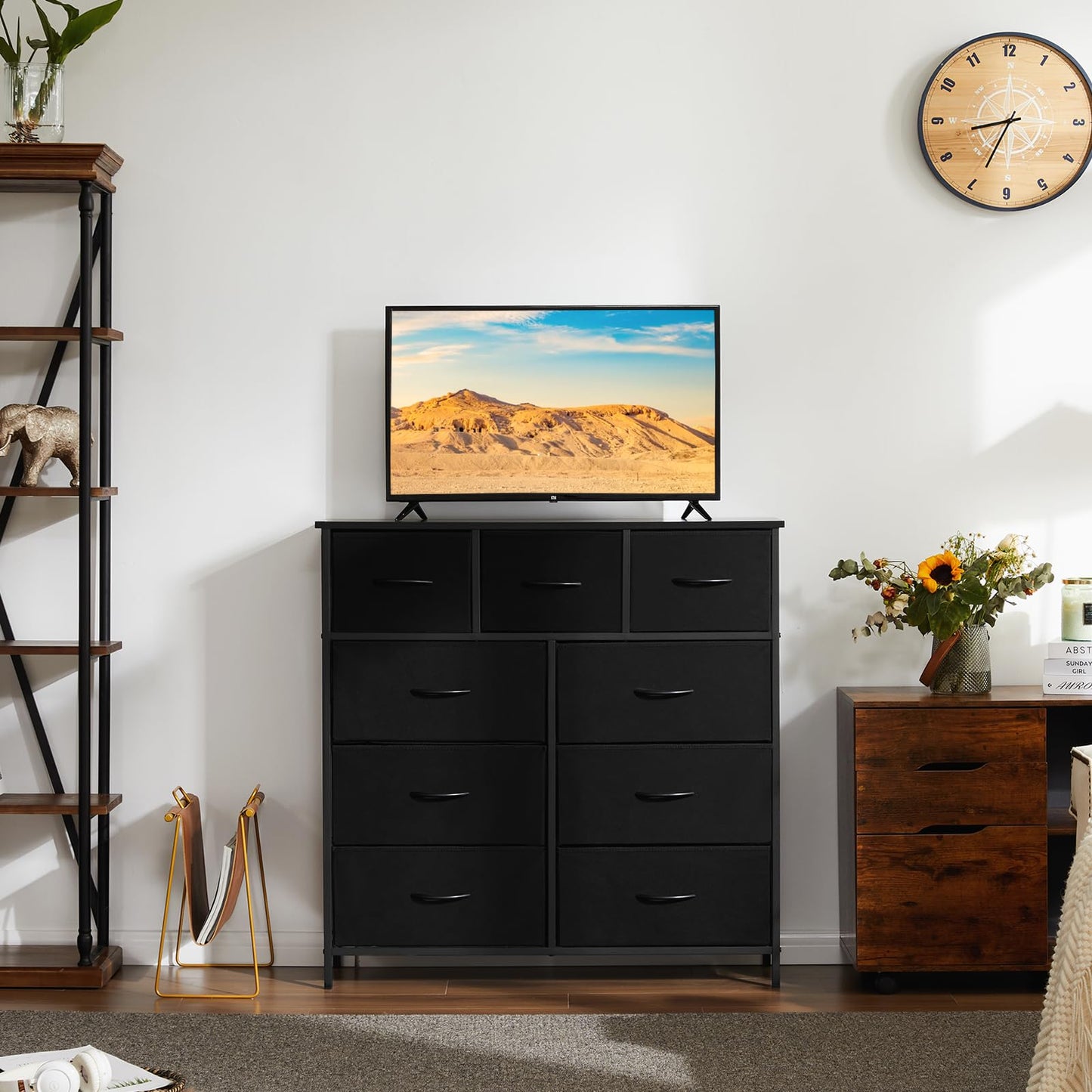 DUMOS Dresser for Bedroom, Storage Organizer with 9 Drawers, Chest of Drawers with Fabric Bins, Sturdy Metal Frame, Wood Tabletop for Guest Room, Closet, Entryway, Black