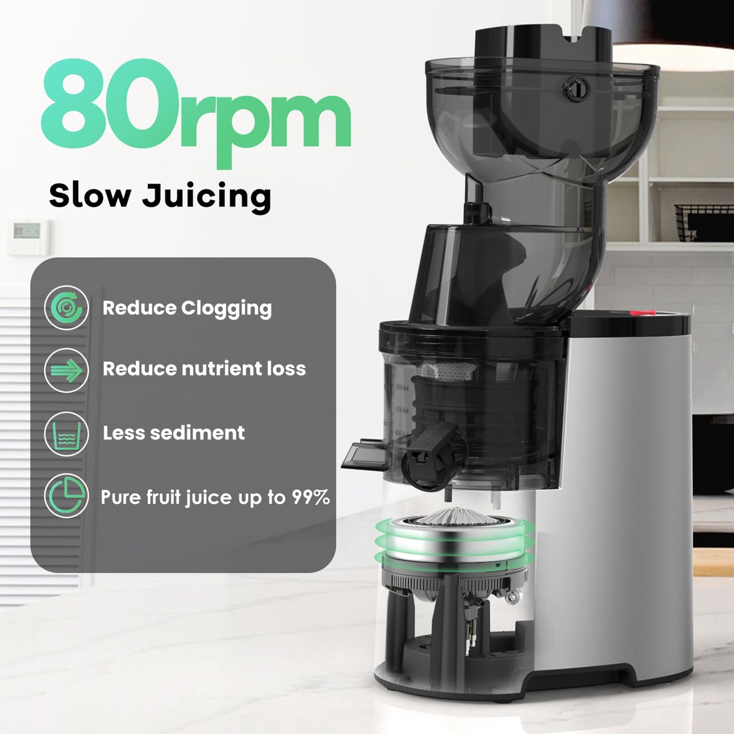 Masticating Juicer Machines, 4.1-inch(104mm) Powerful Slow Cold Press Juicer with Large Feed Chute, Electric Masticating Juicers for Vegetables and Fruits, Easy to Clean with Brush