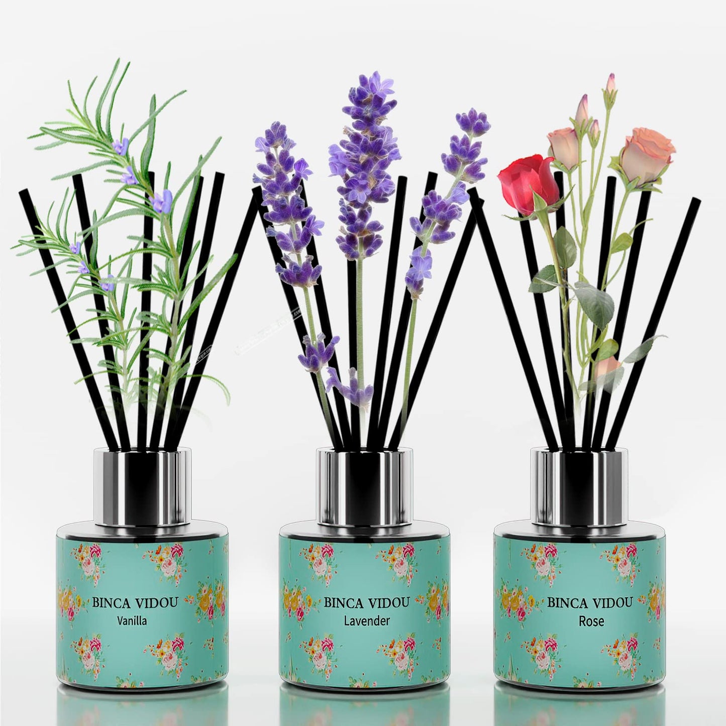 Binca Vidou Reed Diffuser Set of 3, Lavender Rose Vanilla Oil Reed Diffusers for Bedroom Living Room Office Aromatherapy Oil Reed Diffuser for Gift & Stress Relief 50ml x 3