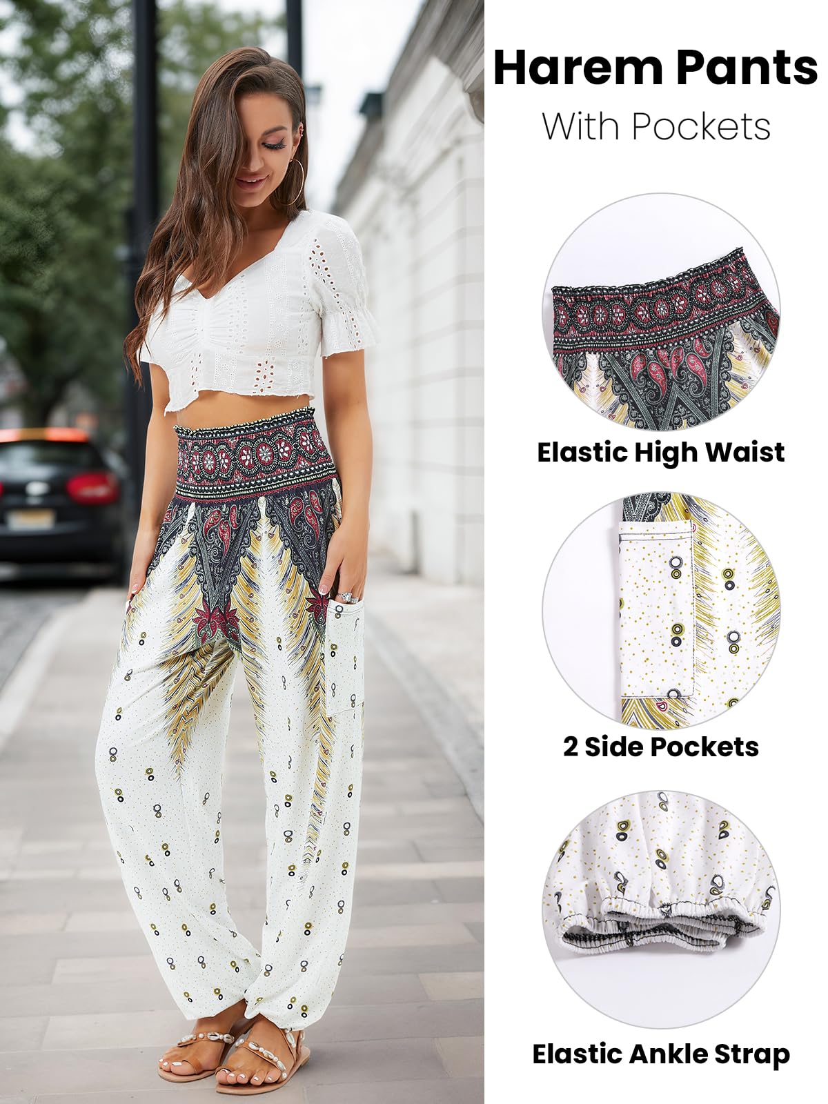 QIANXIZHAN Women's Harem Pants, High Waist Yoga Boho Trousers with Pockets White XL