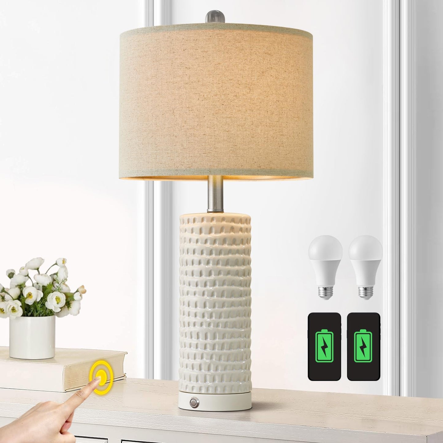 PORTRES 24" Farmhouse 3-Way Dimmable Touch Ceramic Table Lamp Set of 2 for Bedroom White Bedside Lamps with USB A+C Charging Ports for Living Room Nightstand Lamp End Table Lamps(2 Bulbs Included)
