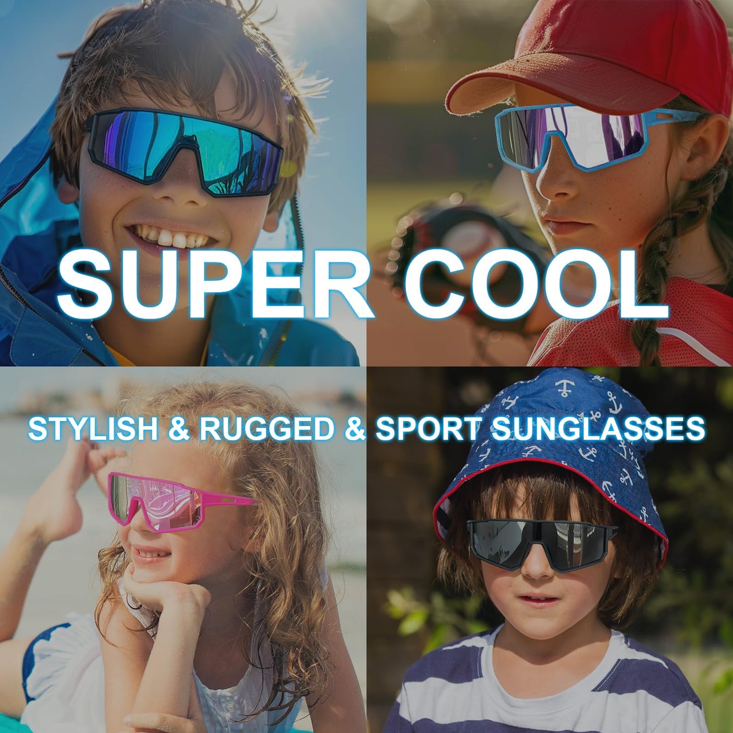 CMBJJU 3PACK Kids Sunglasses,Youth Baseball Glasses,Cycling Goggles for 6-14 Boys Girls,UV400 Protection (3pcs-Black Blue+White Blue+Blue Pink-K01)