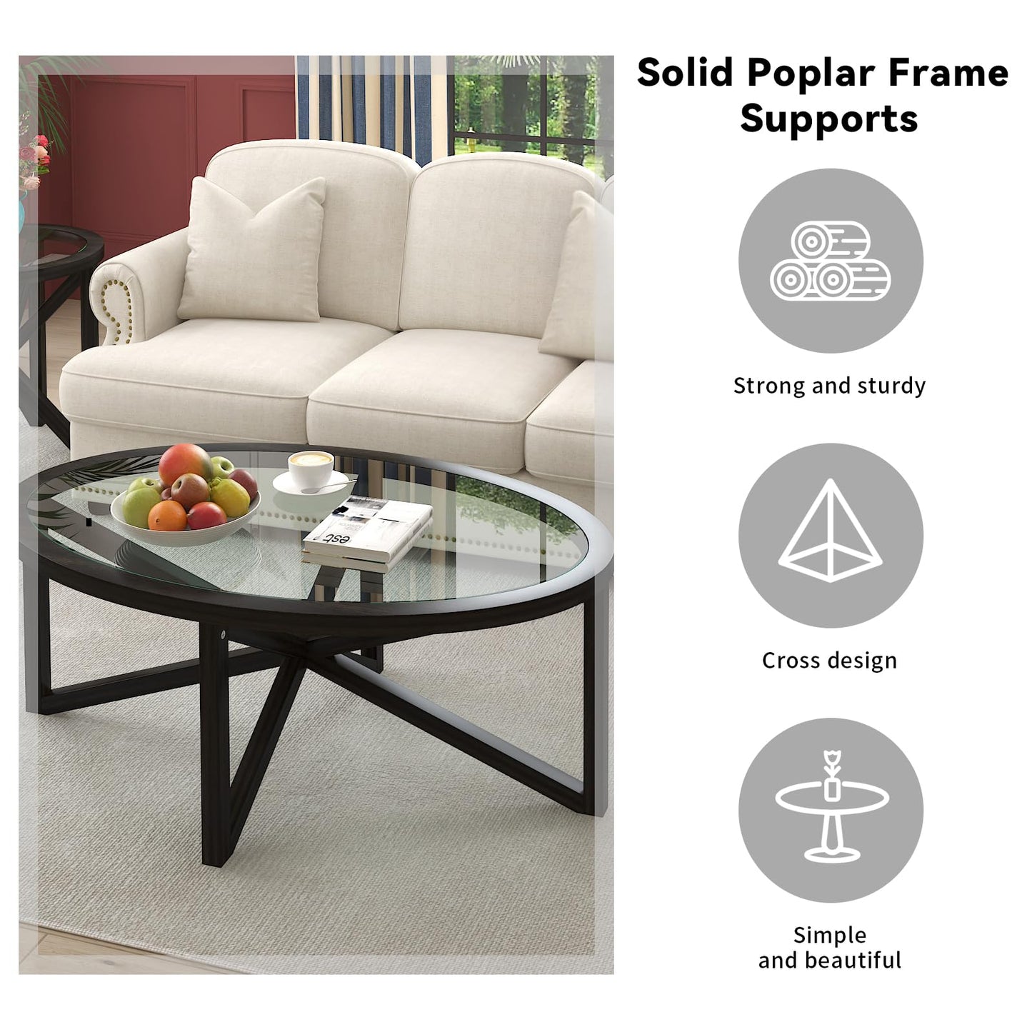 LKTART 3 Pcs Coffee Table Set Oval 46'' Tempered Glass Top Solid Wood Legs Coffee Table Round 2 End Table for Living Room Office (Black)