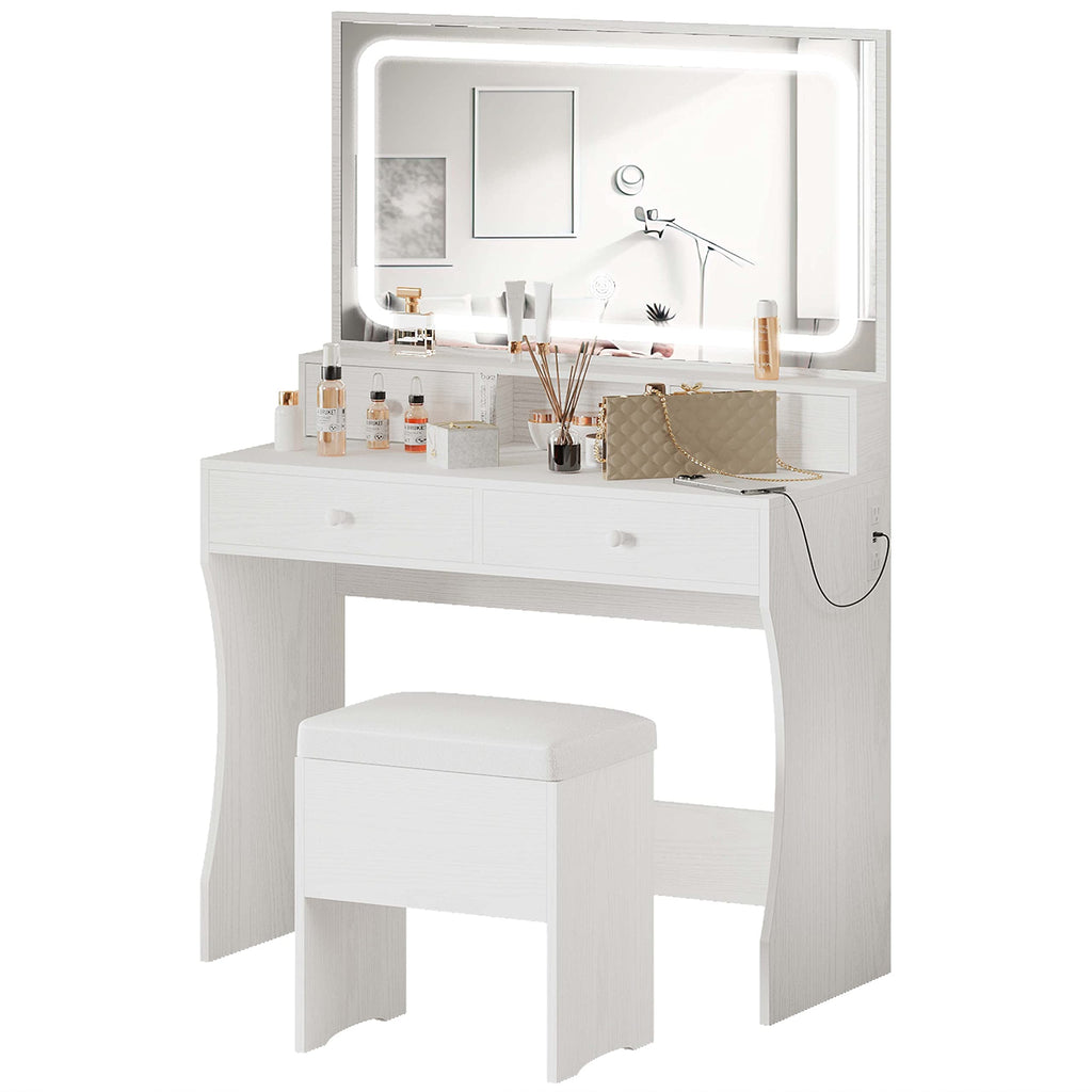 IRONCK Vanity Desk Set with LED Lighted Mirror & Power Outlet, Makeup Vanity Table with 4 Drawers,Storage Bench,for Bedroom, Bathroom, White