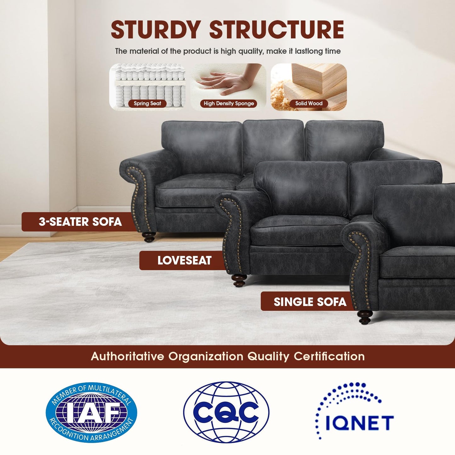 Couchus Living Room Furniture Sets,Sofa Sets and Couch Sets for Living Room,Mid-Century Vintage Sofa Couches with Rivet Design (Grey, Loveseat+3 Seater)