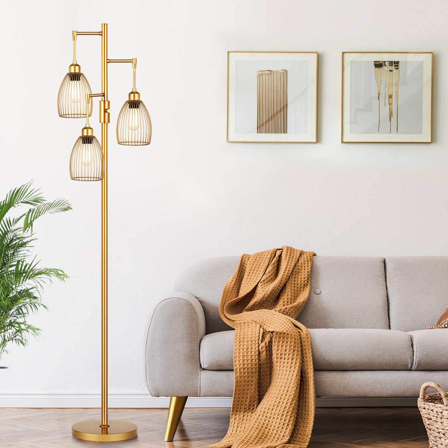 Dimmable Industrial Floor Lamps for Living Room, Gold Tree Standing Tall Lamps with 3 Elegant Teardrop Cage Head & 800 Lumens LED Bulbs for Bedroom Office