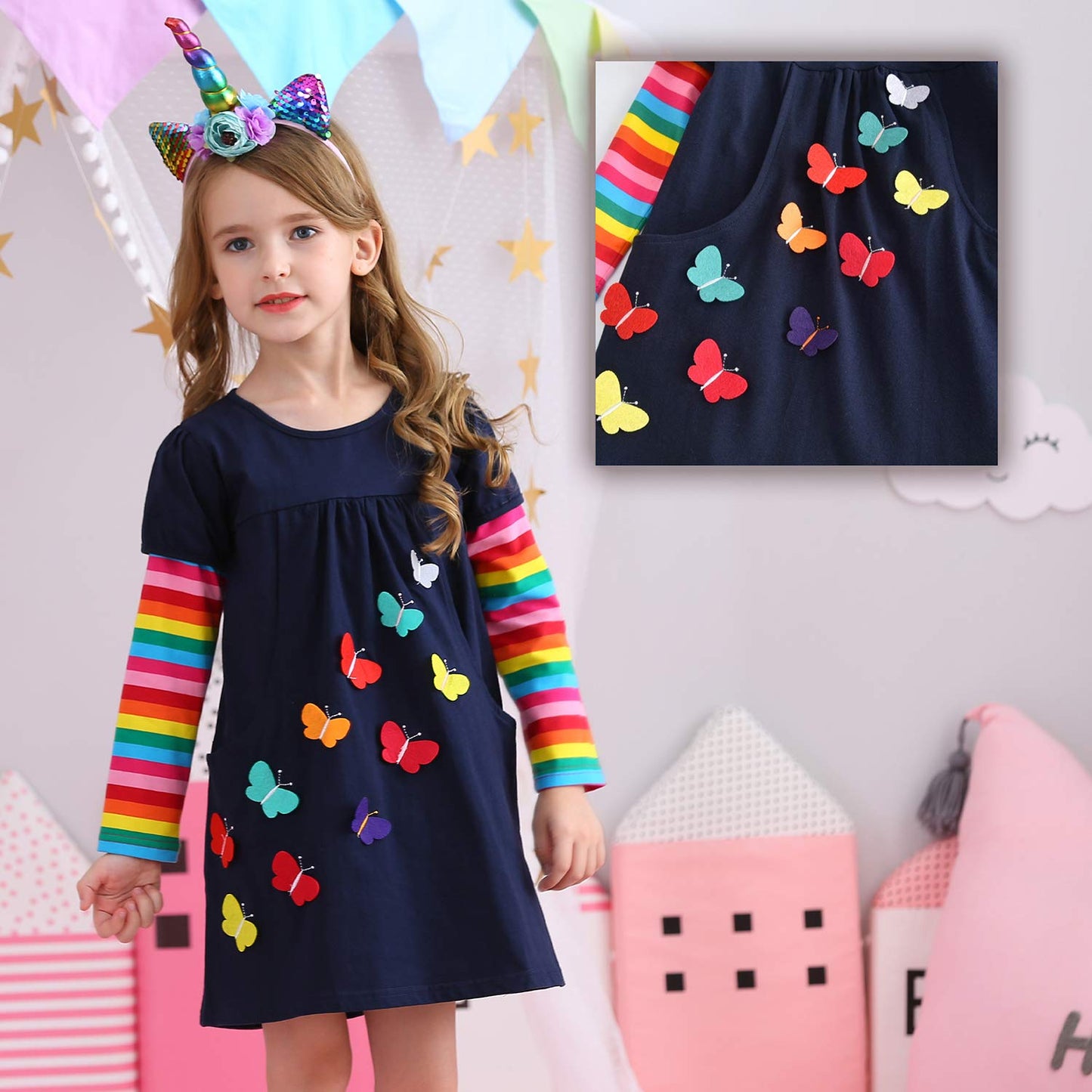 VIKITA Little Girls Dresses Winter Girl Clothes Long Sleeve Navy Dress Xmas Gift for Kids 2-8 Years LH5805, 7T