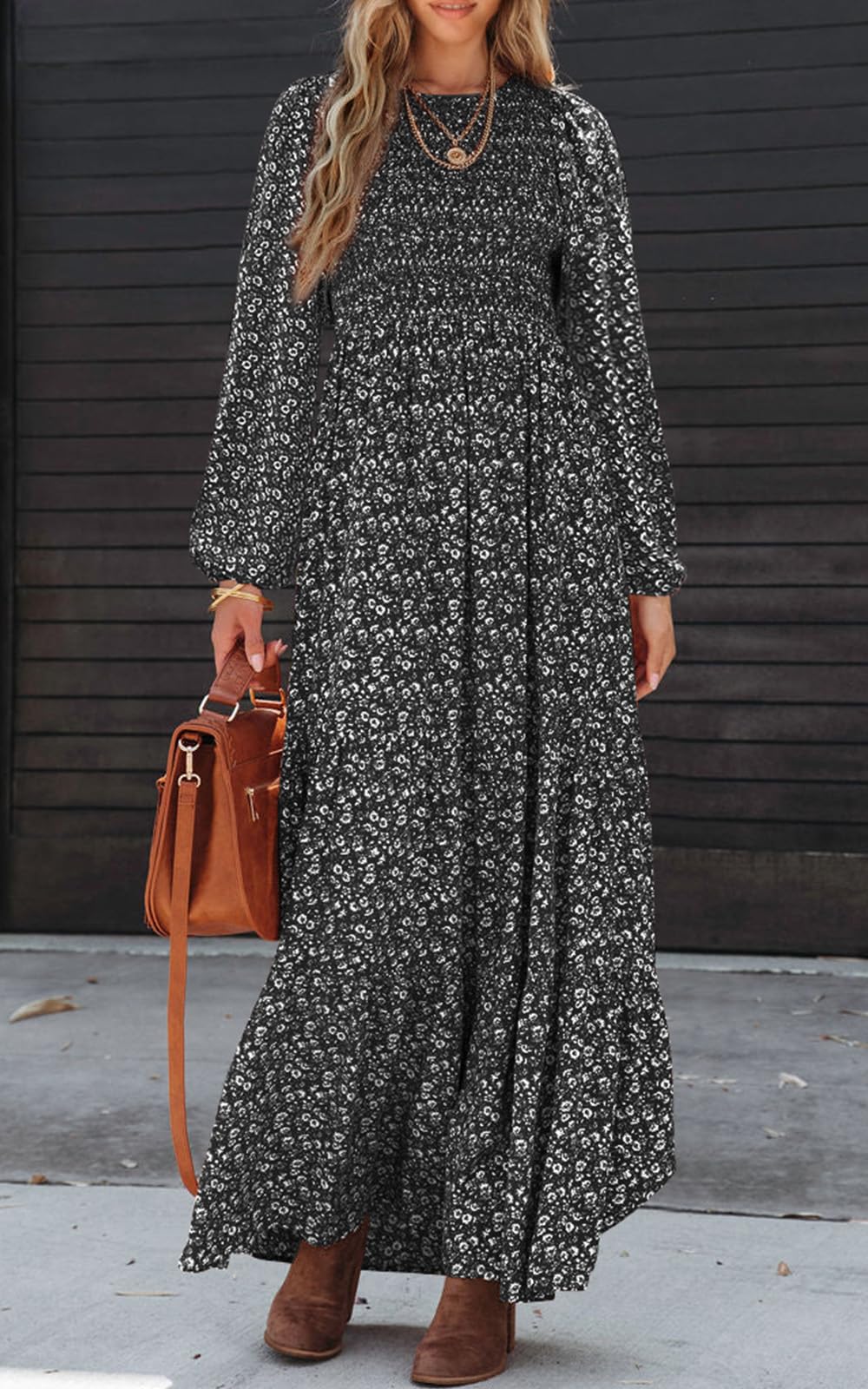 PRETTYGARDEN Women's Fall Dresses 2025 Long Sleeve Flowy Casual Floral Maxi Dress Crew Neck Smocked Tiered Long Dress (Black, Large)