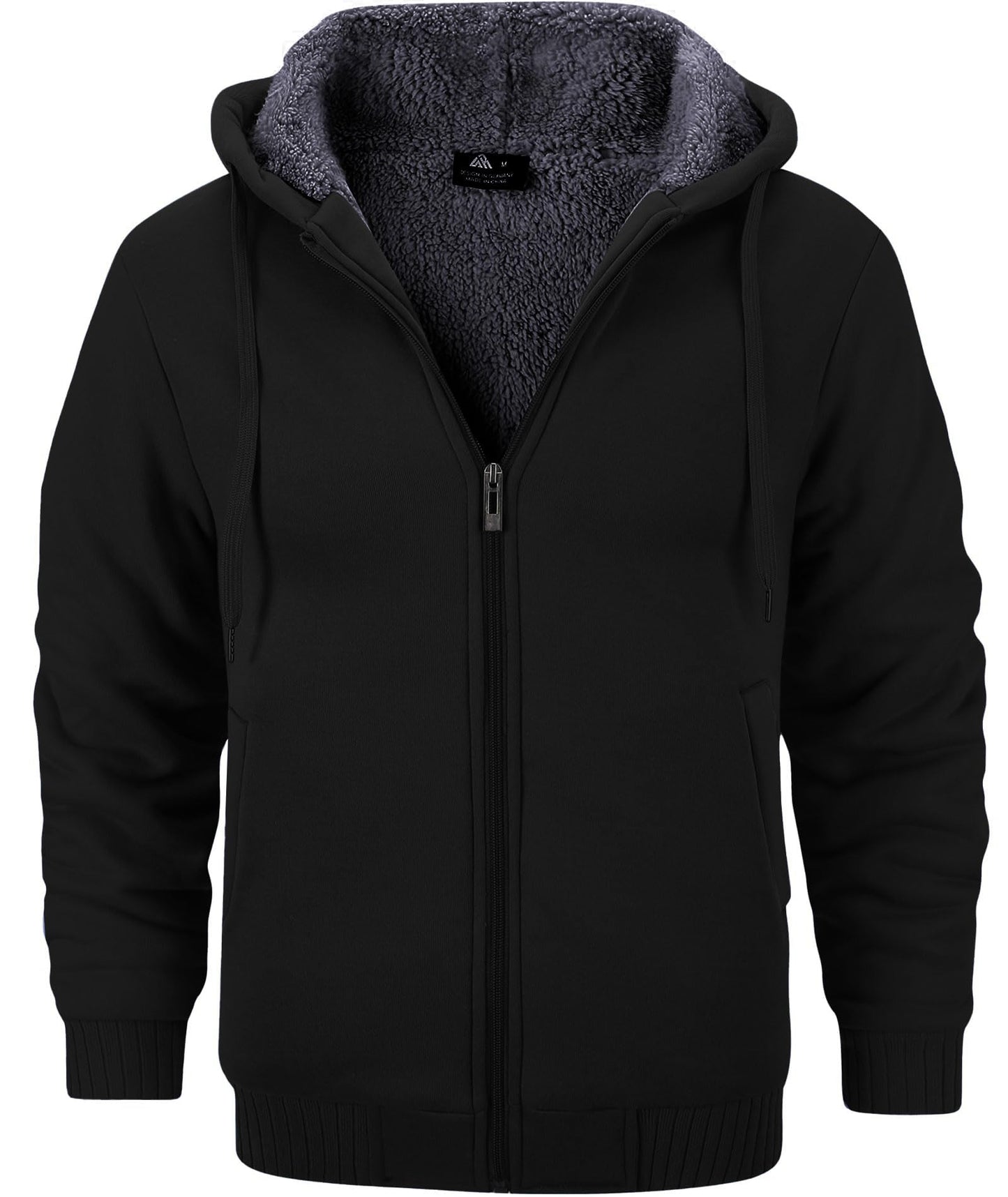 GEEK LIGHTING Men’s Fleece-Lined Zip Up Hoodie, Thick Hooded Jacket Winter Warm Athletic Sweatshirt, Pure black L